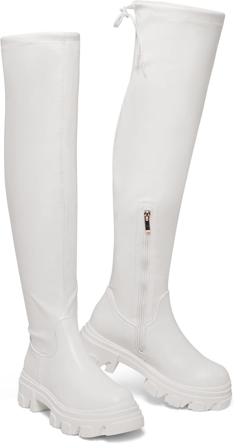 imageDREAM PAIRS Womens Over The Knee Platform Thigh High Boots Long Stretch Soft Chunky Lug Sole Fall BootsWhitePu