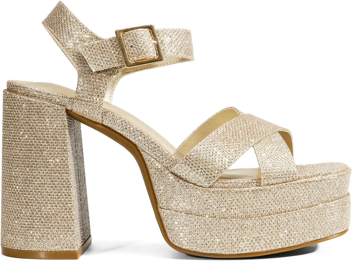 imageDREAM PAIRS Womens Platform Chunky Heels Square Open Toe Ankle Strap High Heeled Sandals Y2K Shoes for Party BrunchGoldglitter