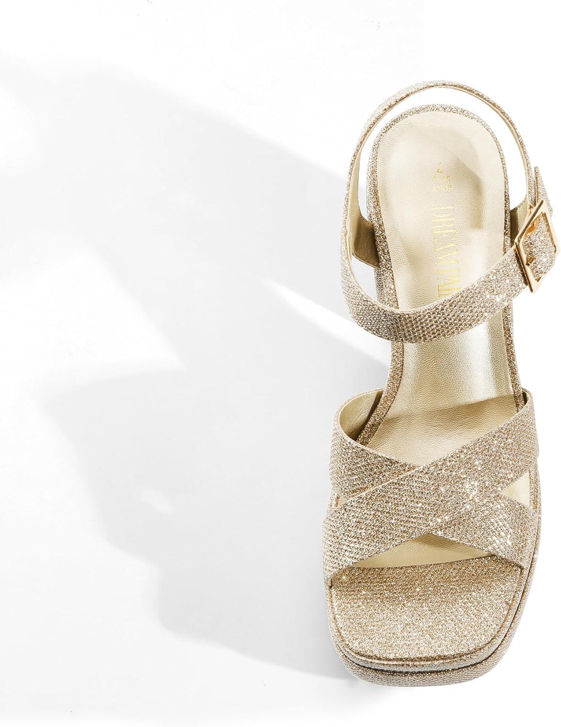 imageDREAM PAIRS Womens Platform Chunky Heels Square Open Toe Ankle Strap High Heeled Sandals Y2K Shoes for Party BrunchGoldglitter