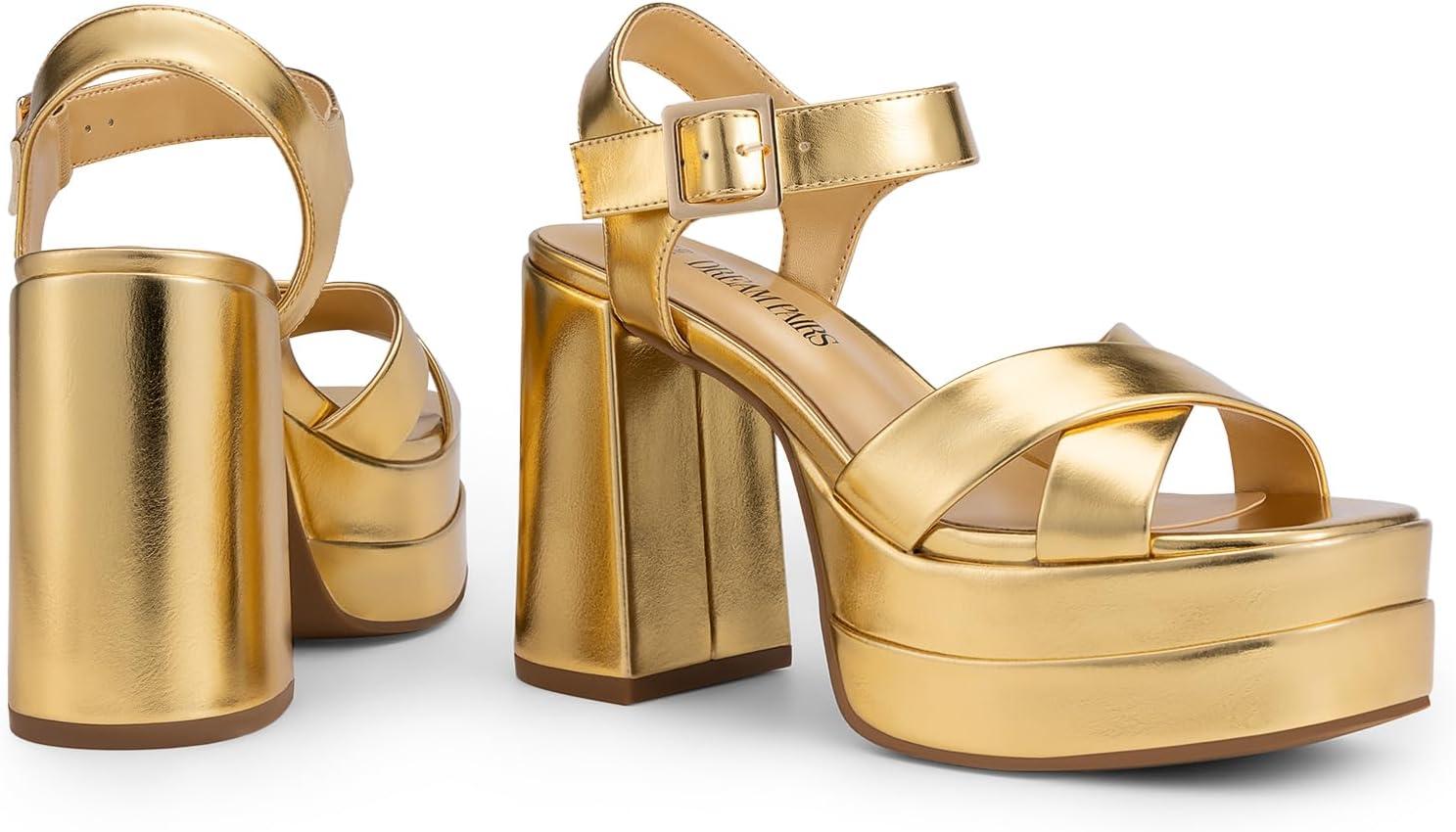 imageDREAM PAIRS Womens Platform Chunky Heels Square Open Toe Ankle Strap High Heeled Sandals Y2K Shoes for Party BrunchGoldmetallic