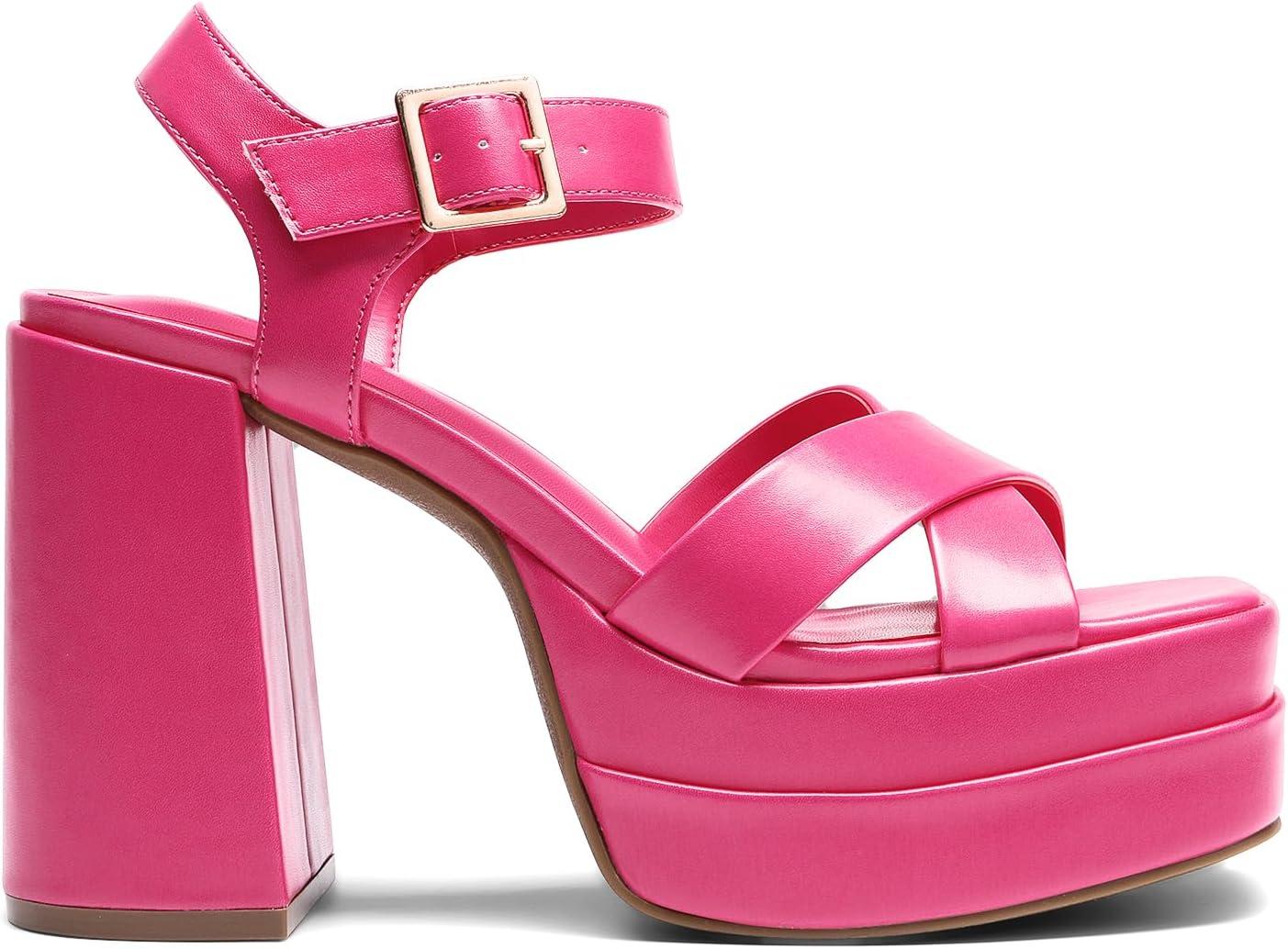 imageDREAM PAIRS Womens Platform Chunky Heels Square Open Toe Ankle Strap High Heeled Sandals Y2K Shoes for Party BrunchHot Pink