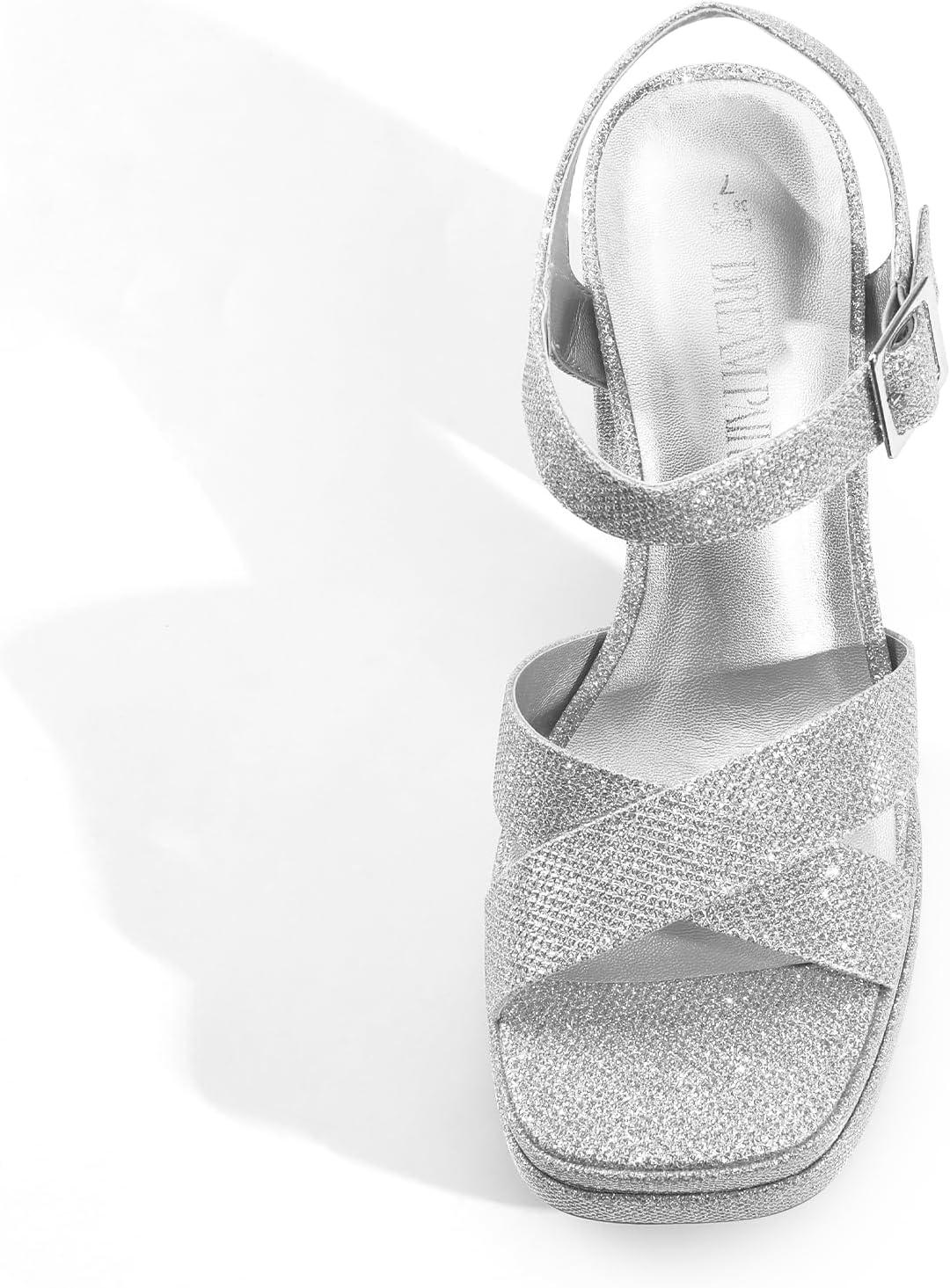 imageDREAM PAIRS Womens Platform Chunky Heels Square Open Toe Ankle Strap High Heeled Sandals Y2K Shoes for Party BrunchSilverglitter