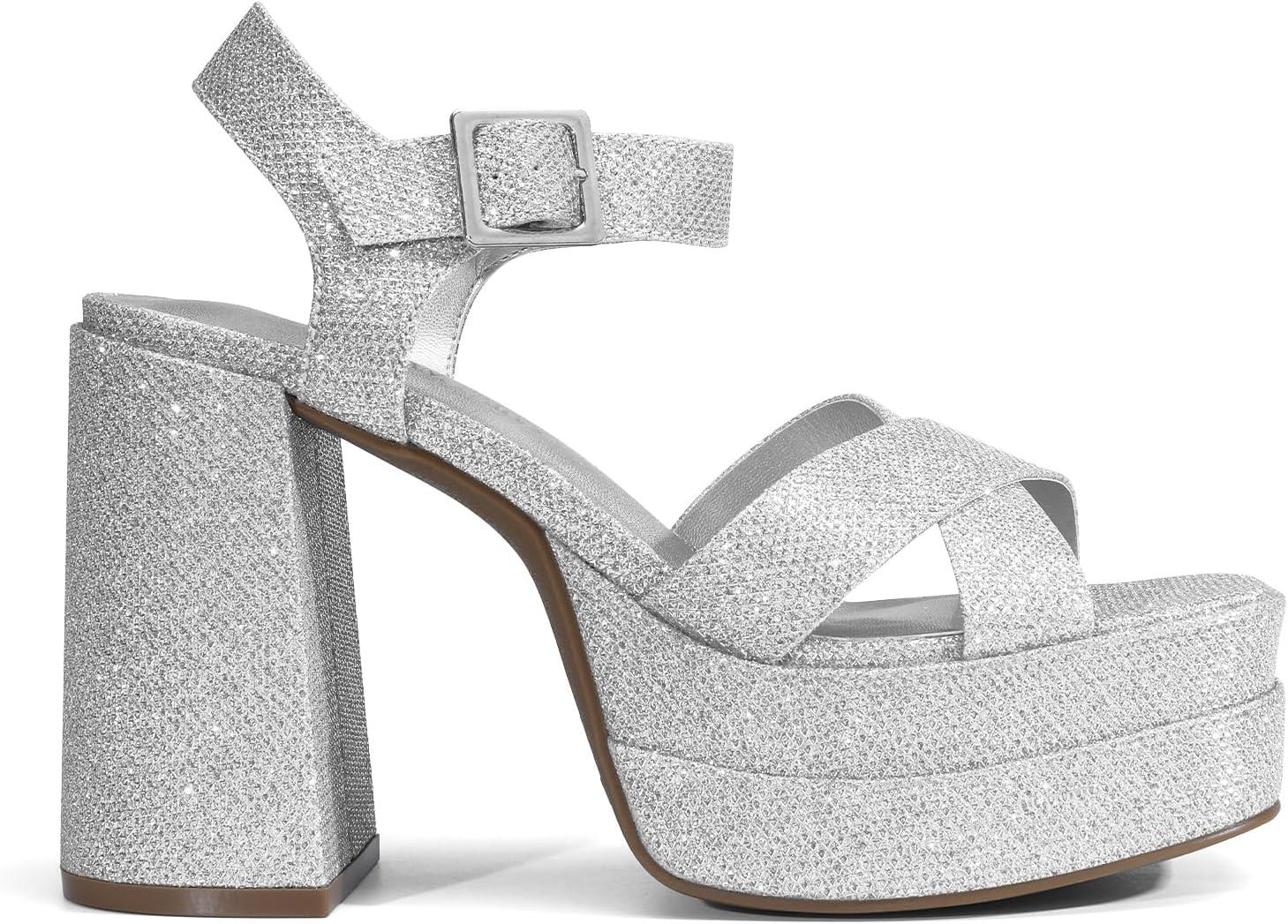 imageDREAM PAIRS Womens Platform Chunky Heels Square Open Toe Ankle Strap High Heeled Sandals Y2K Shoes for Party BrunchSilverglitter