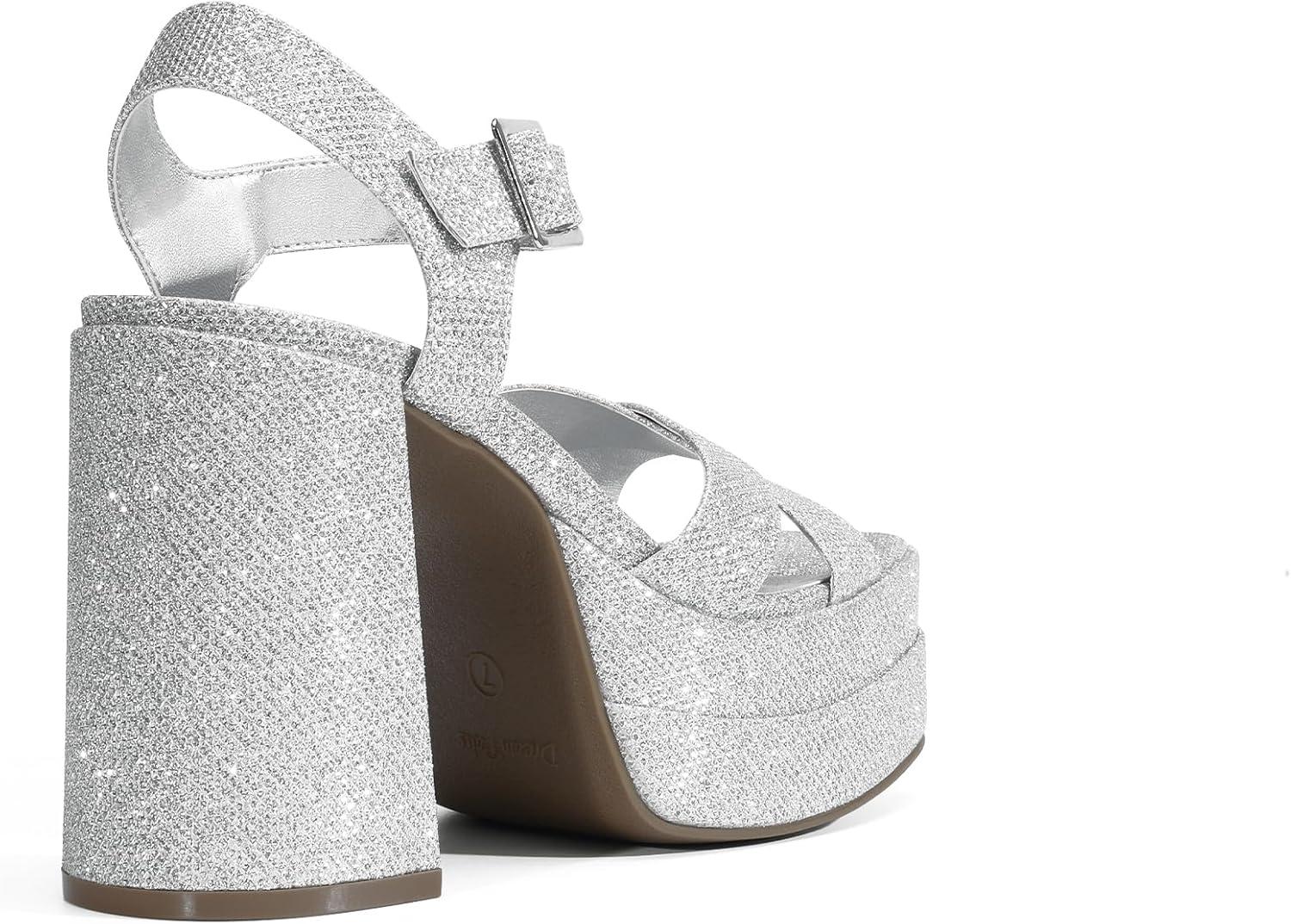 imageDREAM PAIRS Womens Platform Chunky Heels Square Open Toe Ankle Strap High Heeled Sandals Y2K Shoes for Party BrunchSilverglitter