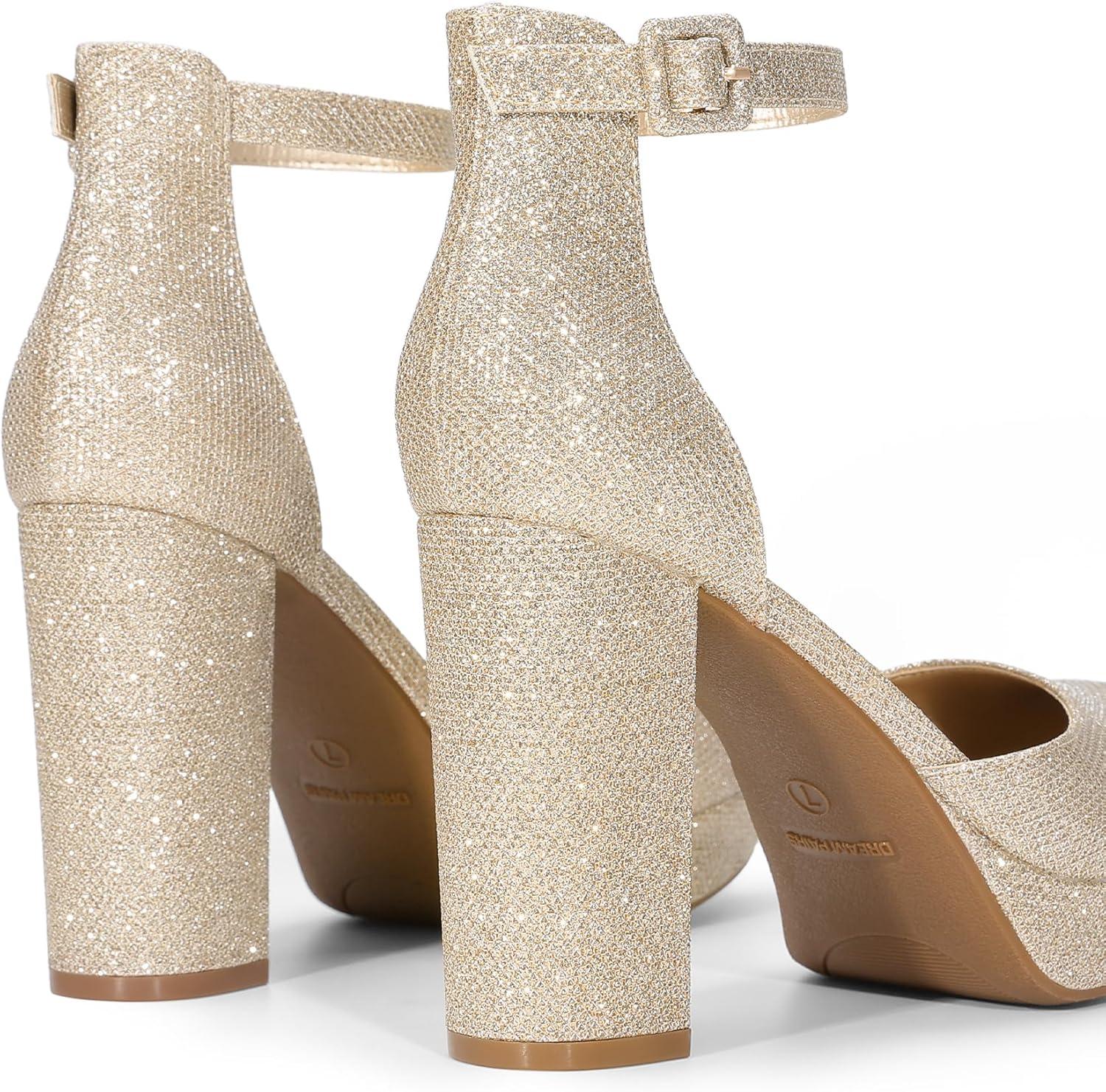 imageDREAM PAIRS Womens Platform Chunky High Heels Closed Toe Block Ankle Strap Dress Bridal Party Wedding ShoesGold