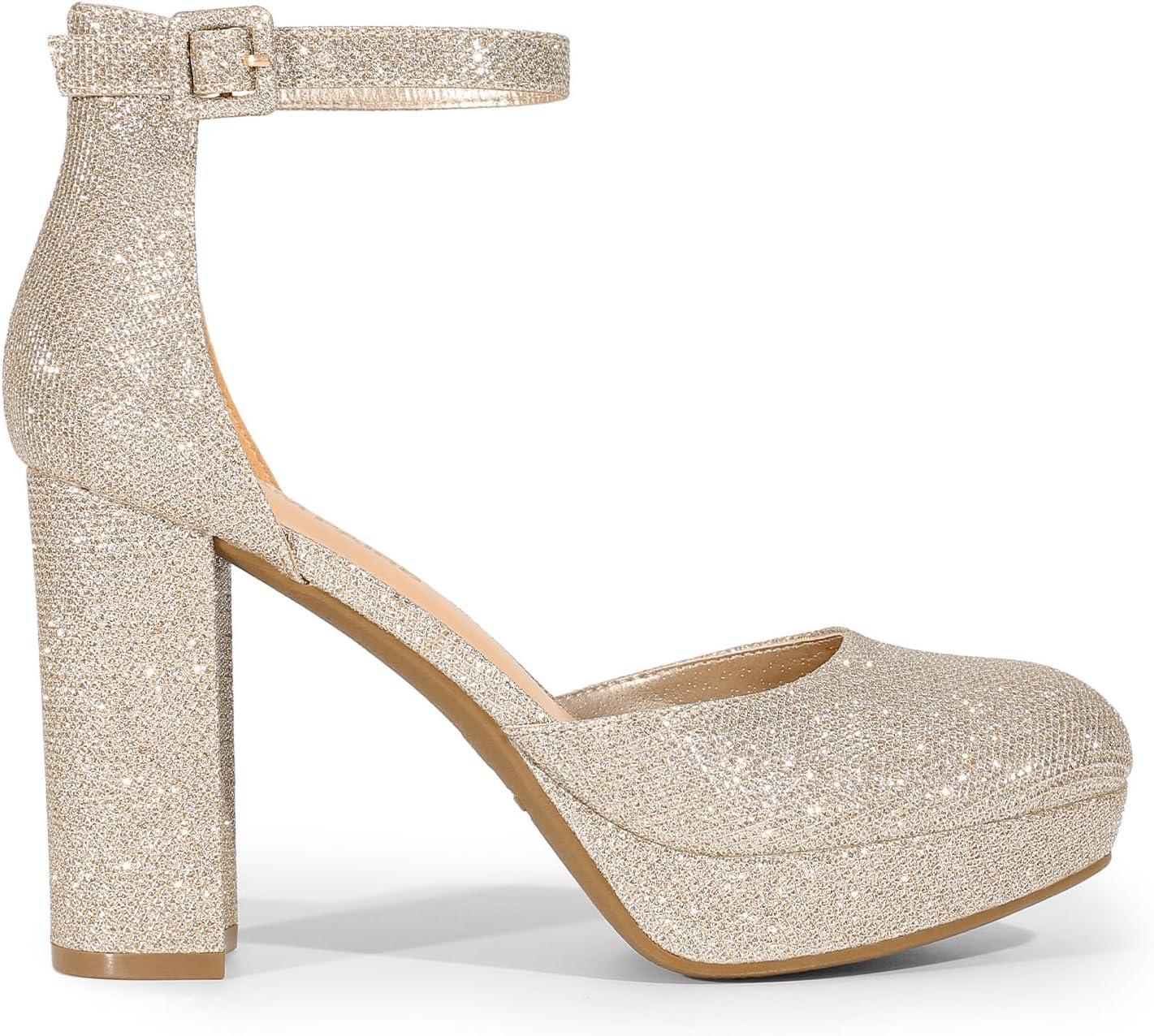 imageDREAM PAIRS Womens Platform Chunky High Heels Closed Toe Block Ankle Strap Dress Bridal Party Wedding ShoesGold