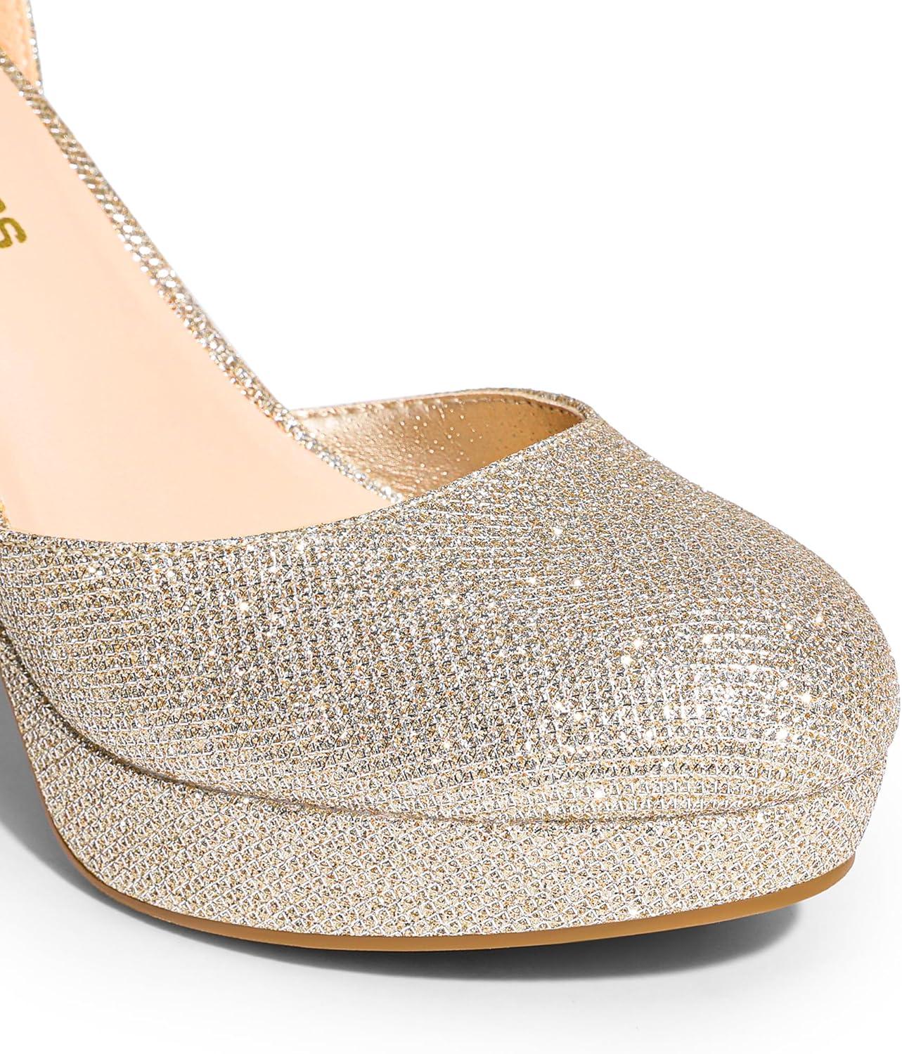 imageDREAM PAIRS Womens Platform Chunky High Heels Closed Toe Block Ankle Strap Dress Bridal Party Wedding ShoesGold