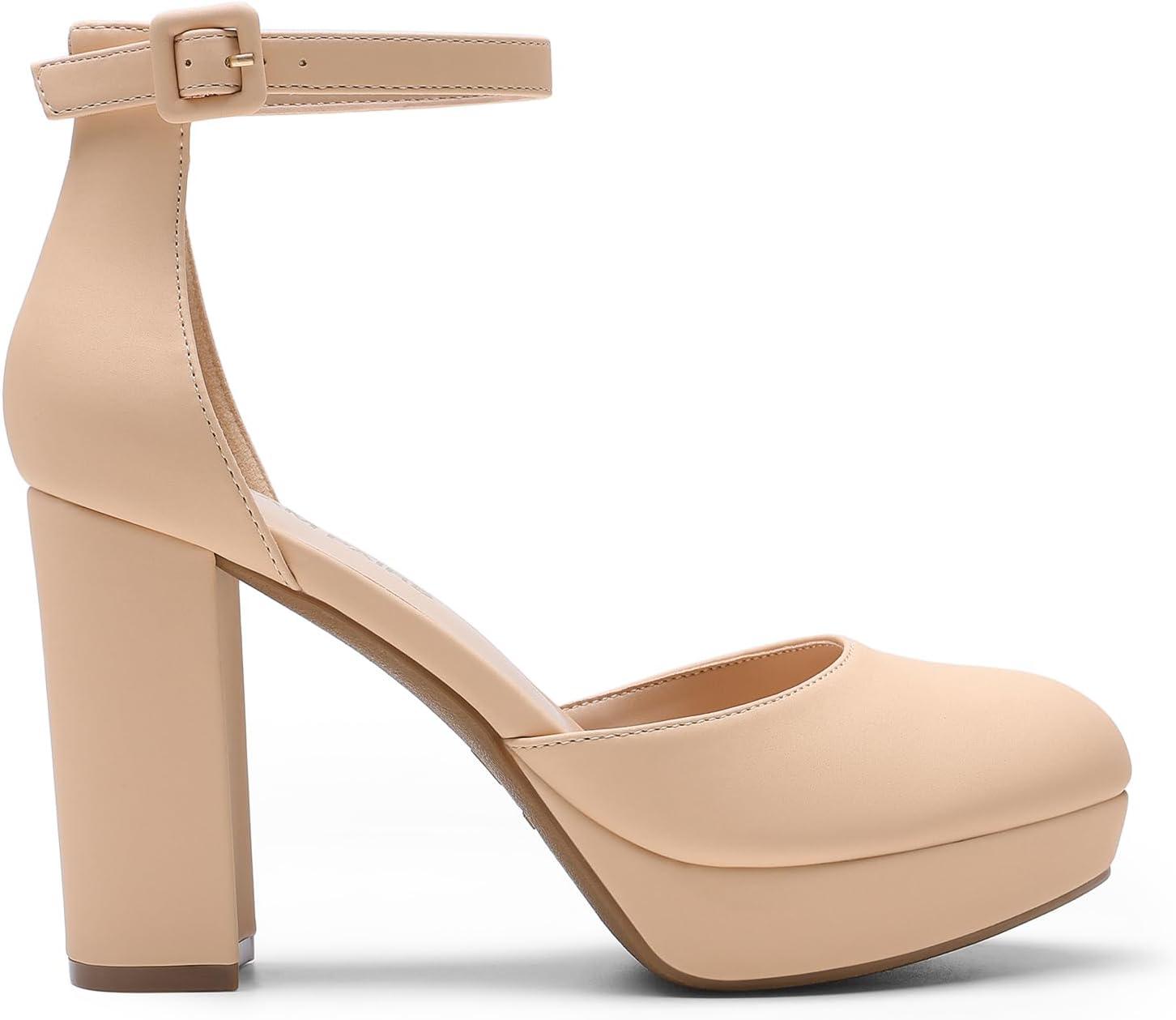 imageDREAM PAIRS Womens Platform Chunky High Heels Closed Toe Block Ankle Strap Dress Bridal Party Wedding ShoesNude
