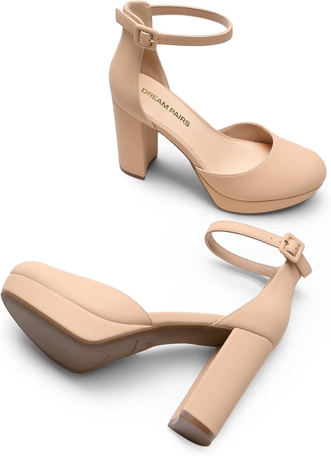 imageDREAM PAIRS Womens Platform Chunky High Heels Closed Toe Block Ankle Strap Dress Bridal Party Wedding ShoesNude