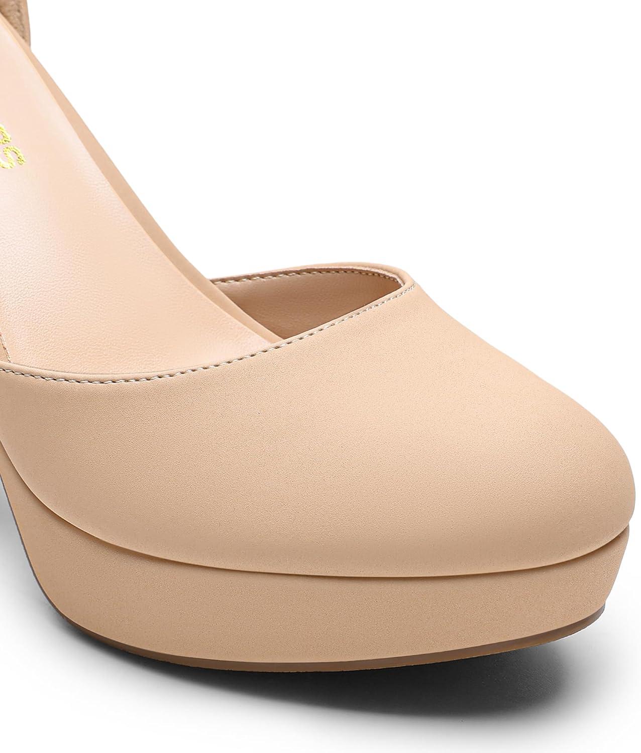 imageDREAM PAIRS Womens Platform Chunky High Heels Closed Toe Block Ankle Strap Dress Bridal Party Wedding ShoesNude