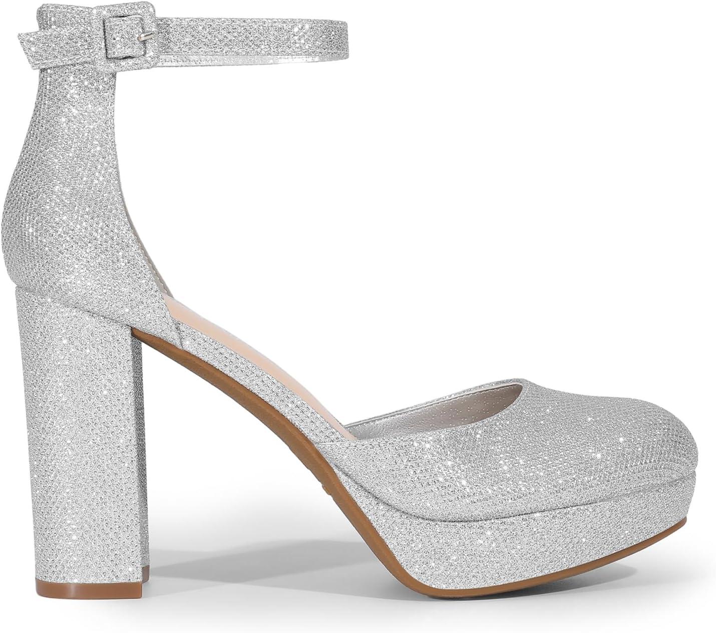 imageDREAM PAIRS Womens Platform Chunky High Heels Closed Toe Block Ankle Strap Dress Bridal Party Wedding ShoesSilver