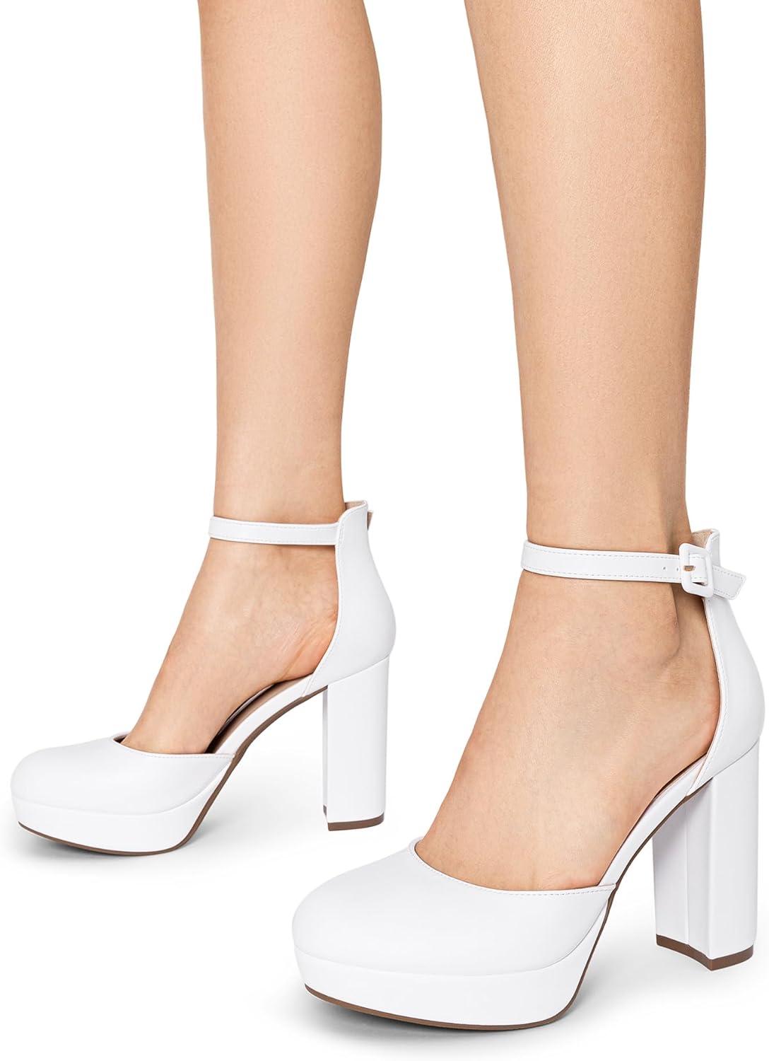 imageDREAM PAIRS Womens Platform Chunky High Heels Closed Toe Block Ankle Strap Dress Bridal Party Wedding ShoesWhite