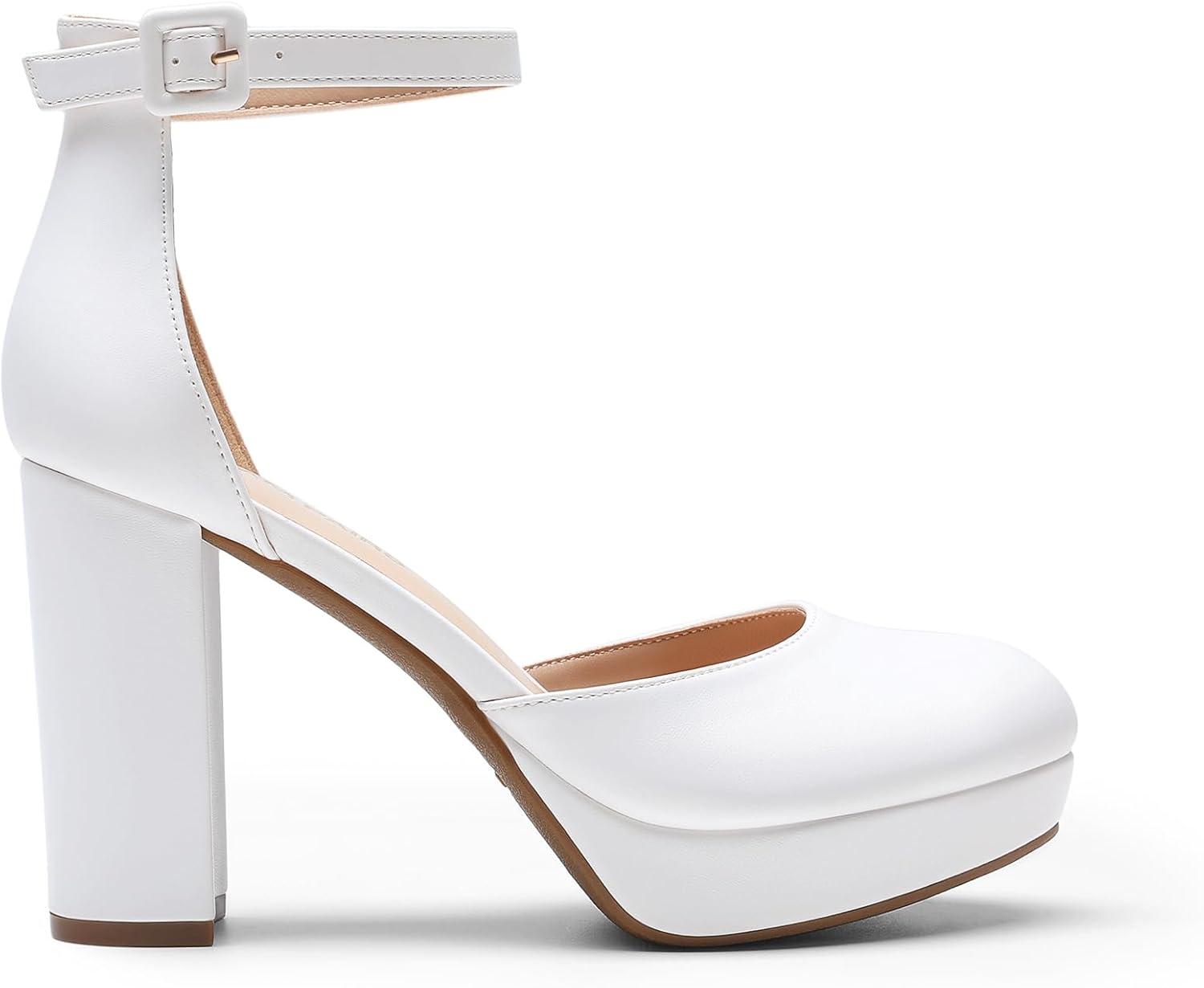 imageDREAM PAIRS Womens Platform Chunky High Heels Closed Toe Block Ankle Strap Dress Bridal Party Wedding ShoesWhite