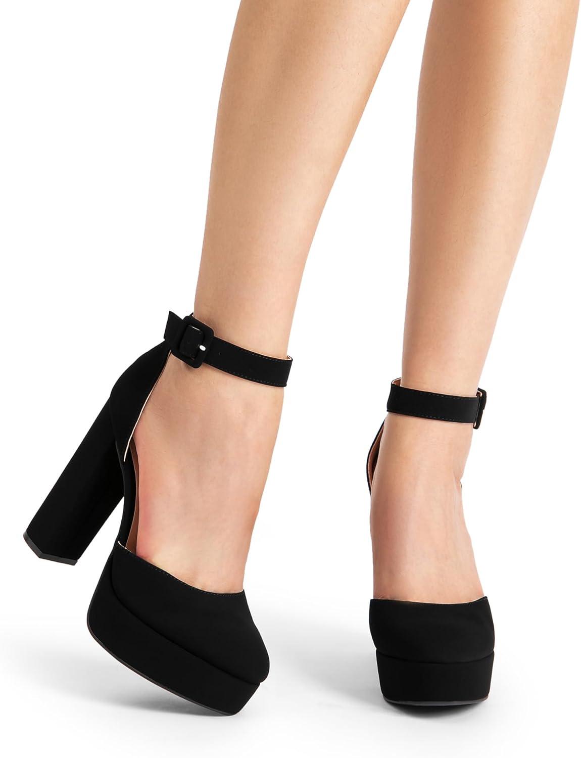 imageDREAM PAIRS Womens Platform High Chunky Heels Closed Toe Block Ankle Strap Dress Buckle Round Toe Wedding Party Comfortable Pumps ShoesBlacknubuck