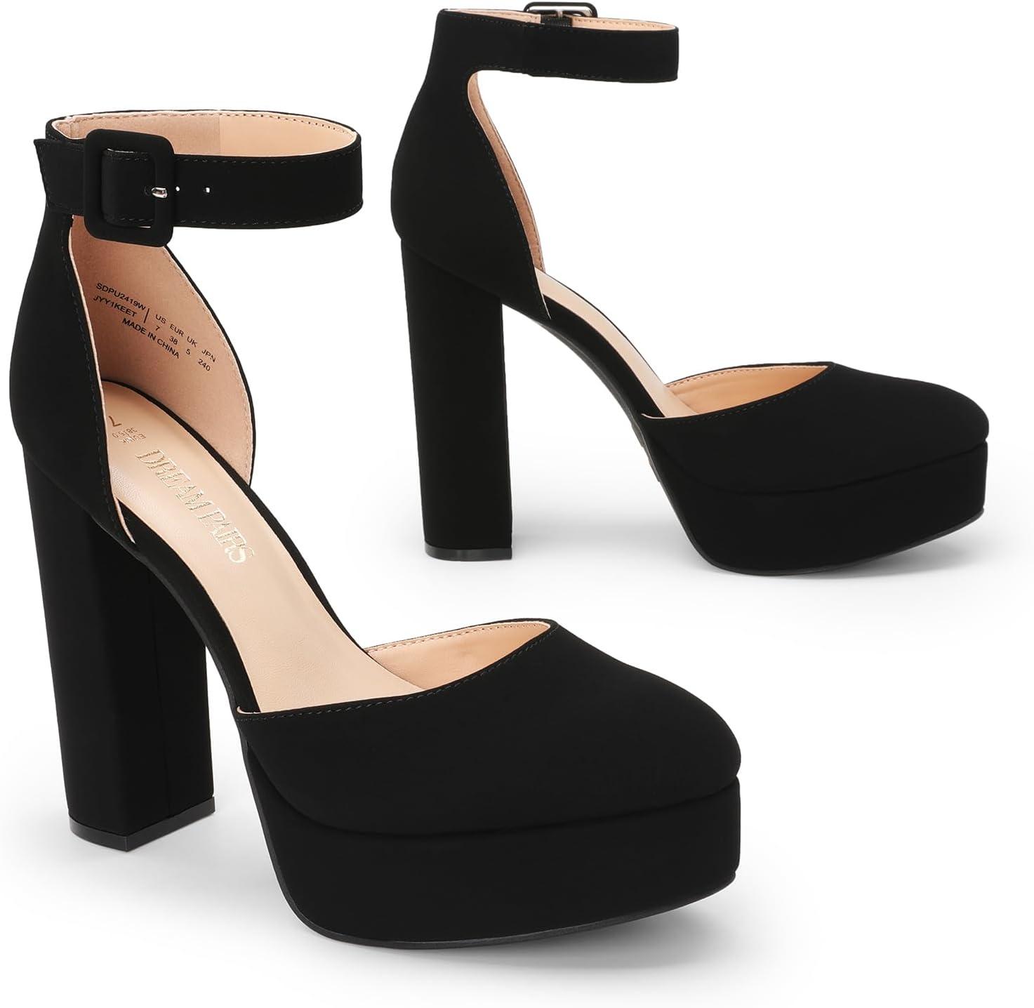 imageDREAM PAIRS Womens Platform High Chunky Heels Closed Toe Block Ankle Strap Dress Buckle Round Toe Wedding Party Comfortable Pumps ShoesBlacknubuck