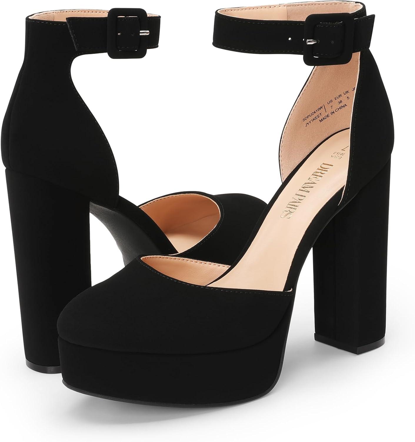 imageDREAM PAIRS Womens Platform High Chunky Heels Closed Toe Block Ankle Strap Dress Buckle Round Toe Wedding Party Comfortable Pumps ShoesBlacknubuck
