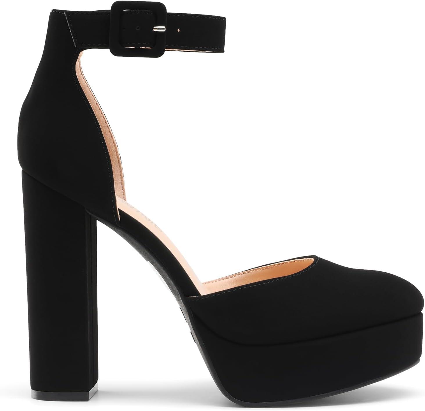 imageDREAM PAIRS Womens Platform High Chunky Heels Closed Toe Block Ankle Strap Dress Buckle Round Toe Wedding Party Comfortable Pumps ShoesBlacknubuck