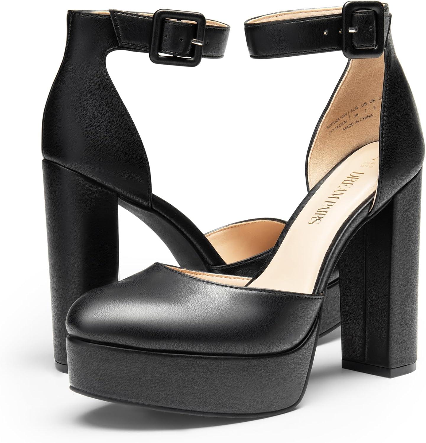 imageDREAM PAIRS Womens Platform High Chunky Heels Closed Toe Block Ankle Strap Dress Buckle Round Toe Wedding Party Comfortable Pumps ShoesBlackpu