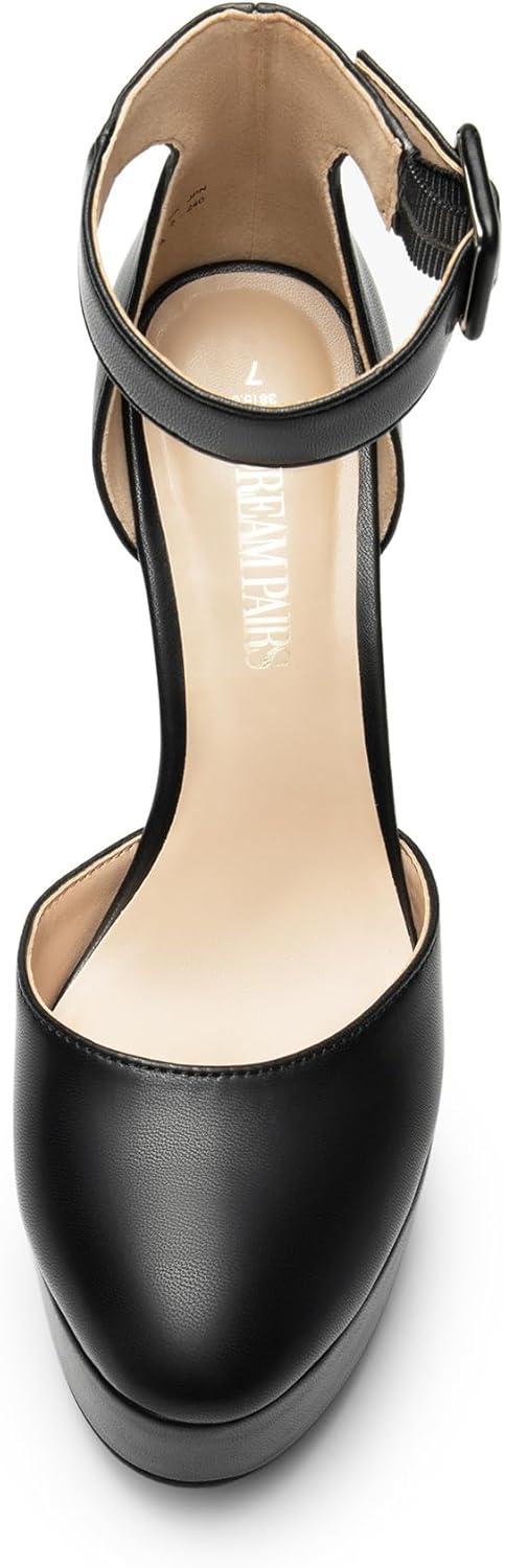 imageDREAM PAIRS Womens Platform High Chunky Heels Closed Toe Block Ankle Strap Dress Buckle Round Toe Wedding Party Comfortable Pumps ShoesBlackpu