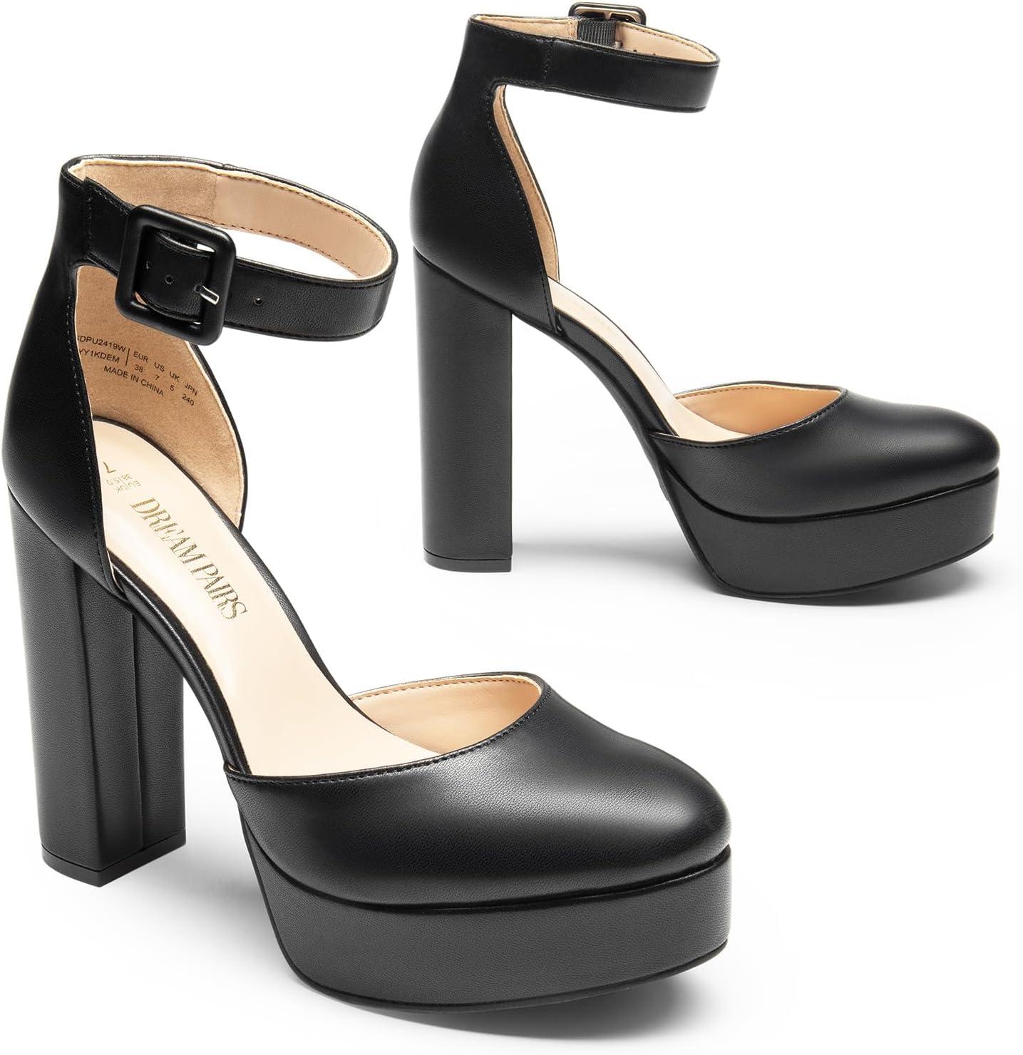 imageDREAM PAIRS Womens Platform High Chunky Heels Closed Toe Block Ankle Strap Dress Buckle Round Toe Wedding Party Comfortable Pumps ShoesBlackpu