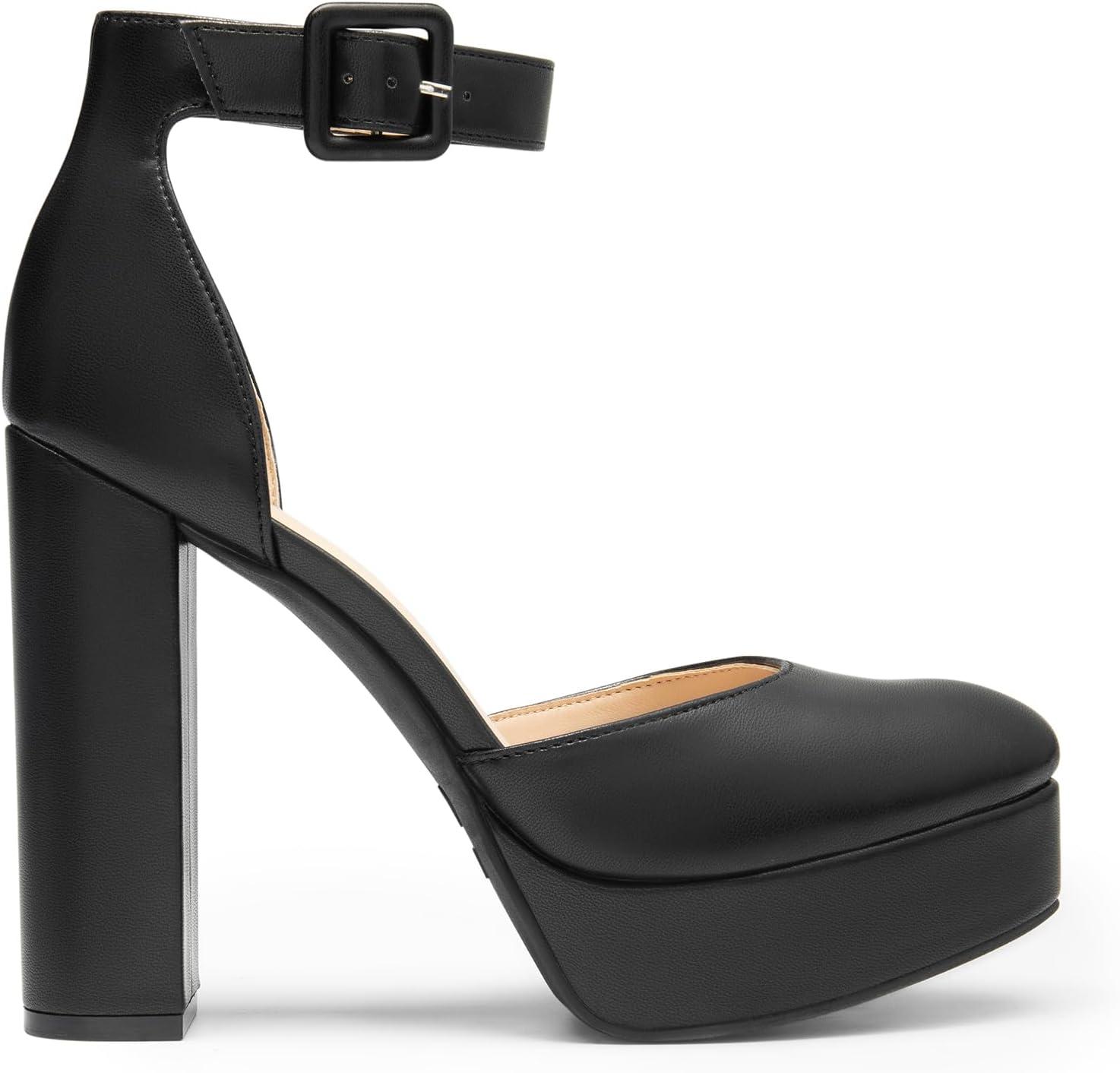 imageDREAM PAIRS Womens Platform High Chunky Heels Closed Toe Block Ankle Strap Dress Buckle Round Toe Wedding Party Comfortable Pumps ShoesBlackpu