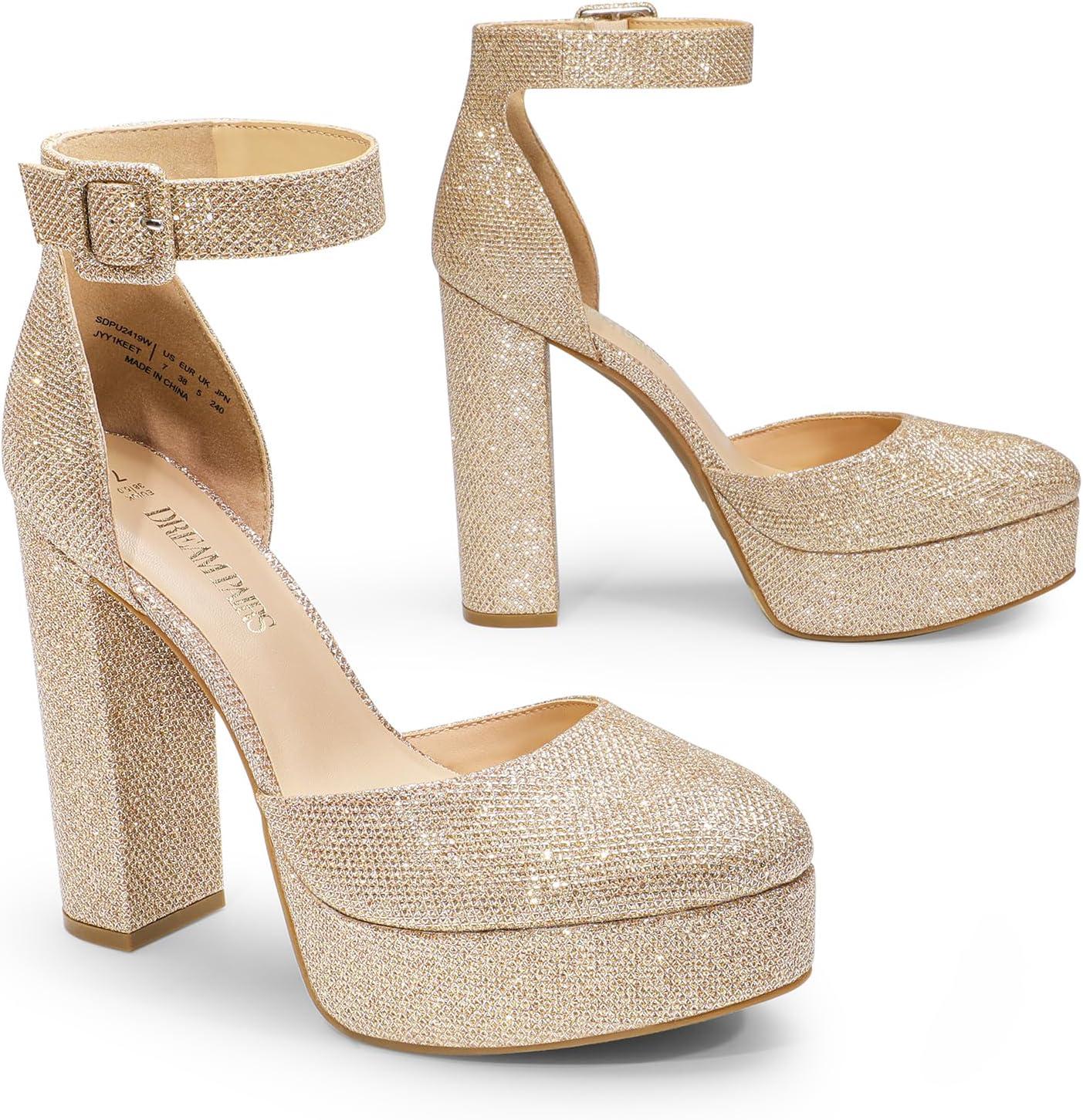 imageDREAM PAIRS Womens Platform High Chunky Heels Closed Toe Block Ankle Strap Dress Buckle Round Toe Wedding Party Comfortable Pumps ShoesGoldglitter