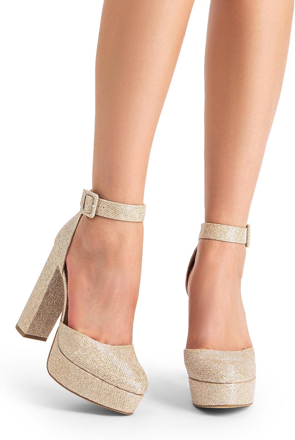 imageDREAM PAIRS Womens Platform High Chunky Heels Closed Toe Block Ankle Strap Dress Buckle Round Toe Wedding Party Comfortable Pumps ShoesGoldglitter