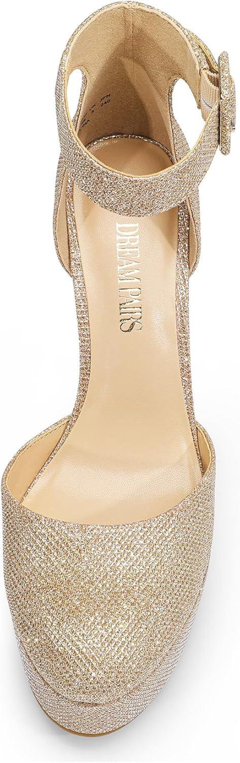 imageDREAM PAIRS Womens Platform High Chunky Heels Closed Toe Block Ankle Strap Dress Buckle Round Toe Wedding Party Comfortable Pumps ShoesGoldglitter