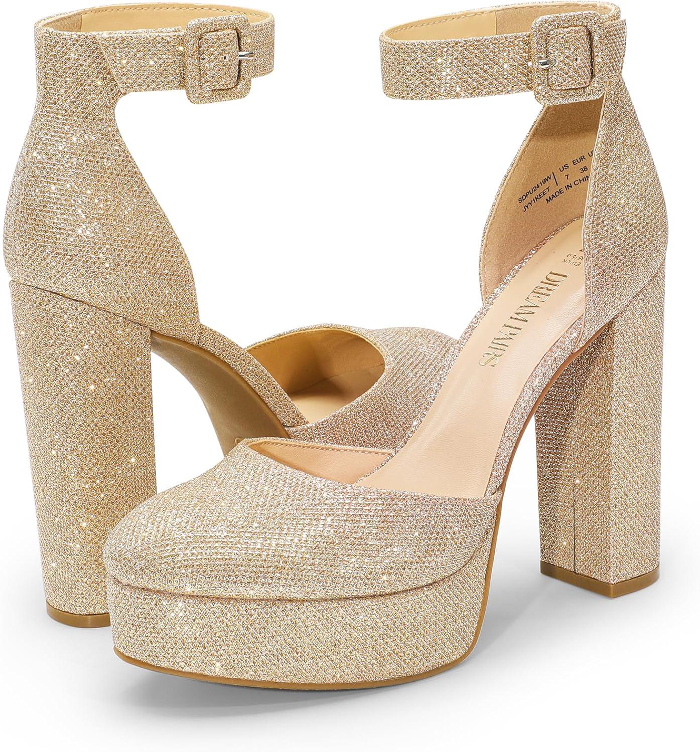 imageDREAM PAIRS Womens Platform High Chunky Heels Closed Toe Block Ankle Strap Dress Buckle Round Toe Wedding Party Comfortable Pumps ShoesGoldglitter