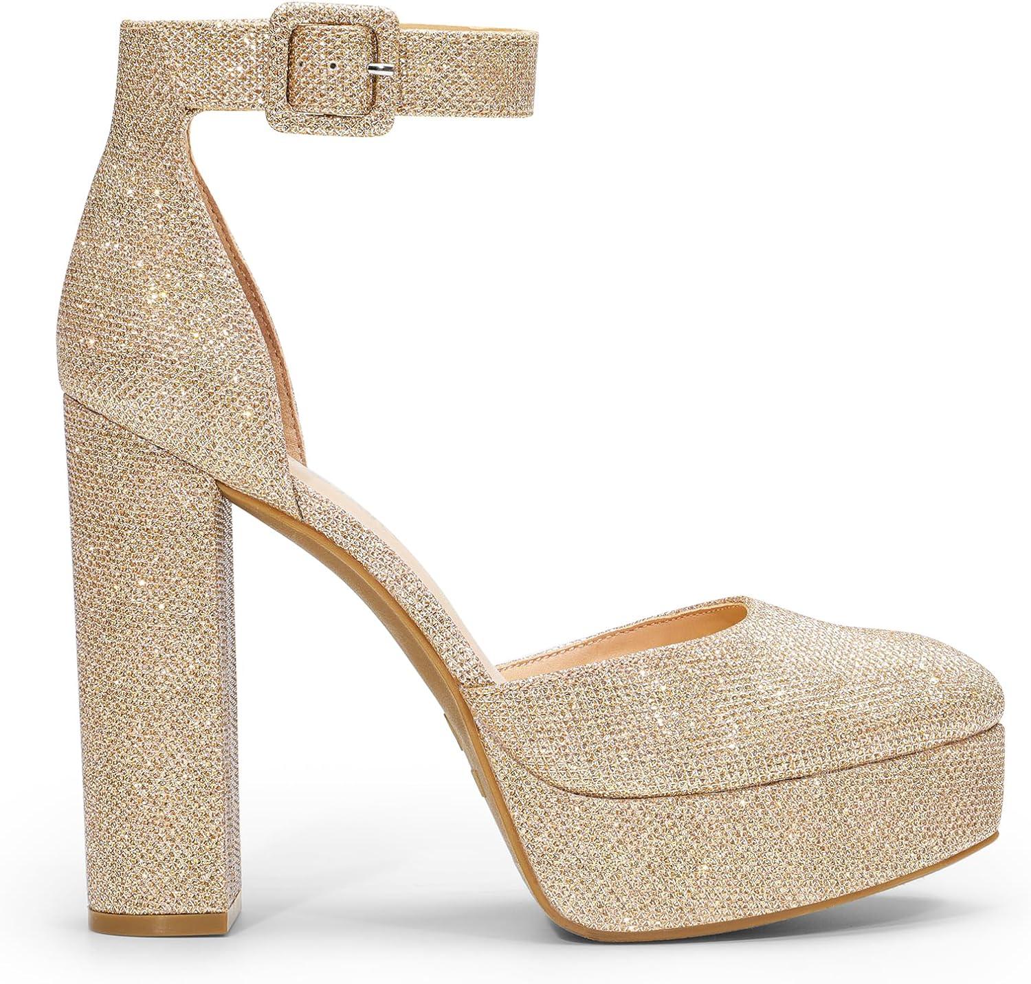 imageDREAM PAIRS Womens Platform High Chunky Heels Closed Toe Block Ankle Strap Dress Buckle Round Toe Wedding Party Comfortable Pumps ShoesGoldglitter