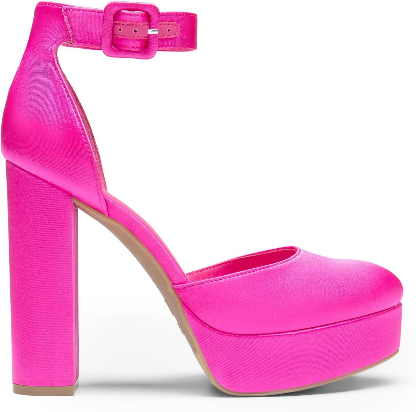 imageDREAM PAIRS Womens Platform High Chunky Heels Closed Toe Block Ankle Strap Dress Buckle Round Toe Wedding Party Comfortable Pumps ShoesHot Pinksatin