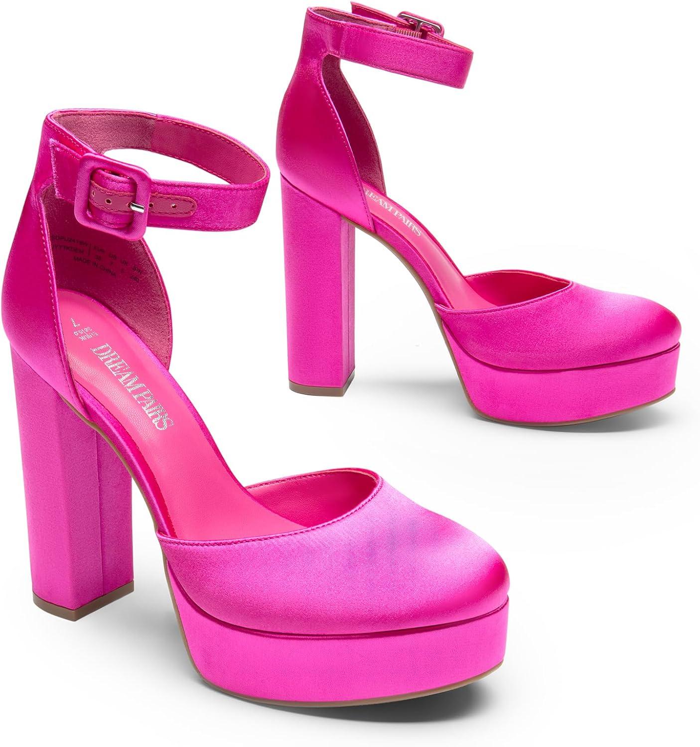 imageDREAM PAIRS Womens Platform High Chunky Heels Closed Toe Block Ankle Strap Dress Buckle Round Toe Wedding Party Comfortable Pumps ShoesHot Pinksatin