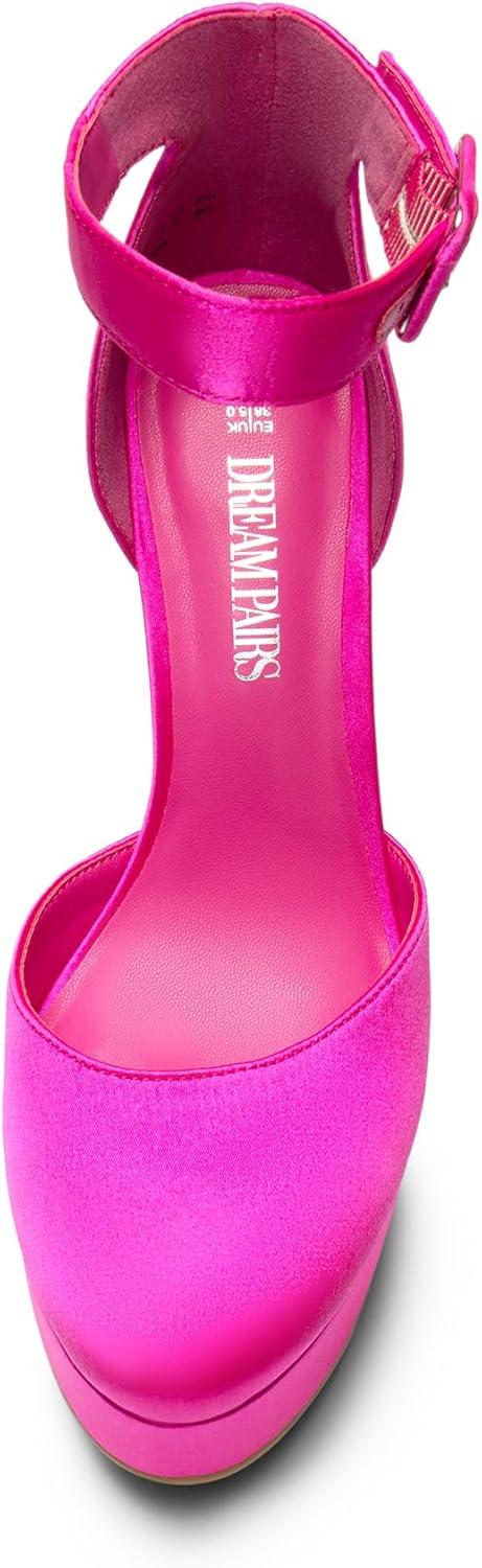imageDREAM PAIRS Womens Platform High Chunky Heels Closed Toe Block Ankle Strap Dress Buckle Round Toe Wedding Party Comfortable Pumps ShoesHot Pinksatin