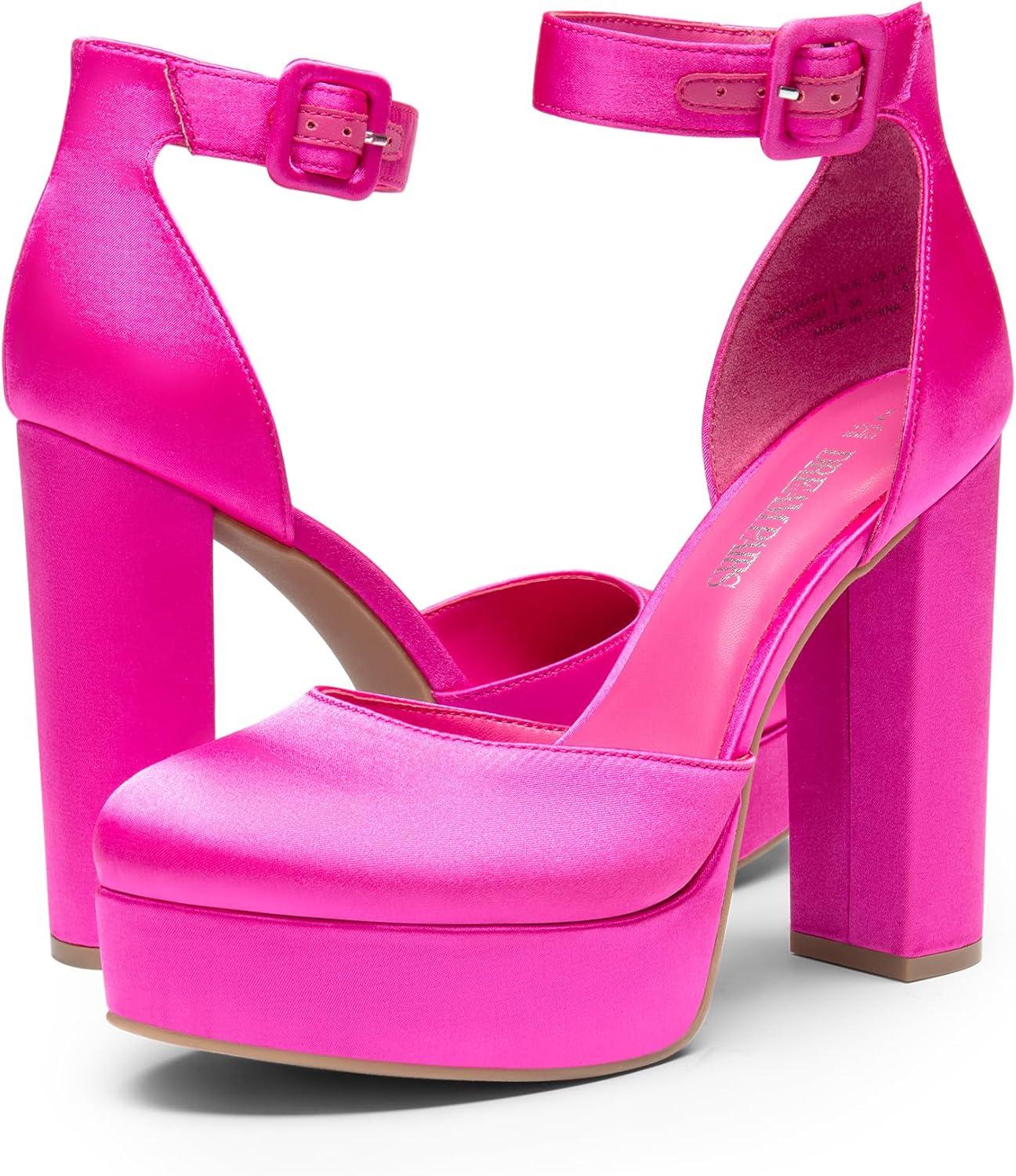 imageDREAM PAIRS Womens Platform High Chunky Heels Closed Toe Block Ankle Strap Dress Buckle Round Toe Wedding Party Comfortable Pumps ShoesHot Pinksatin