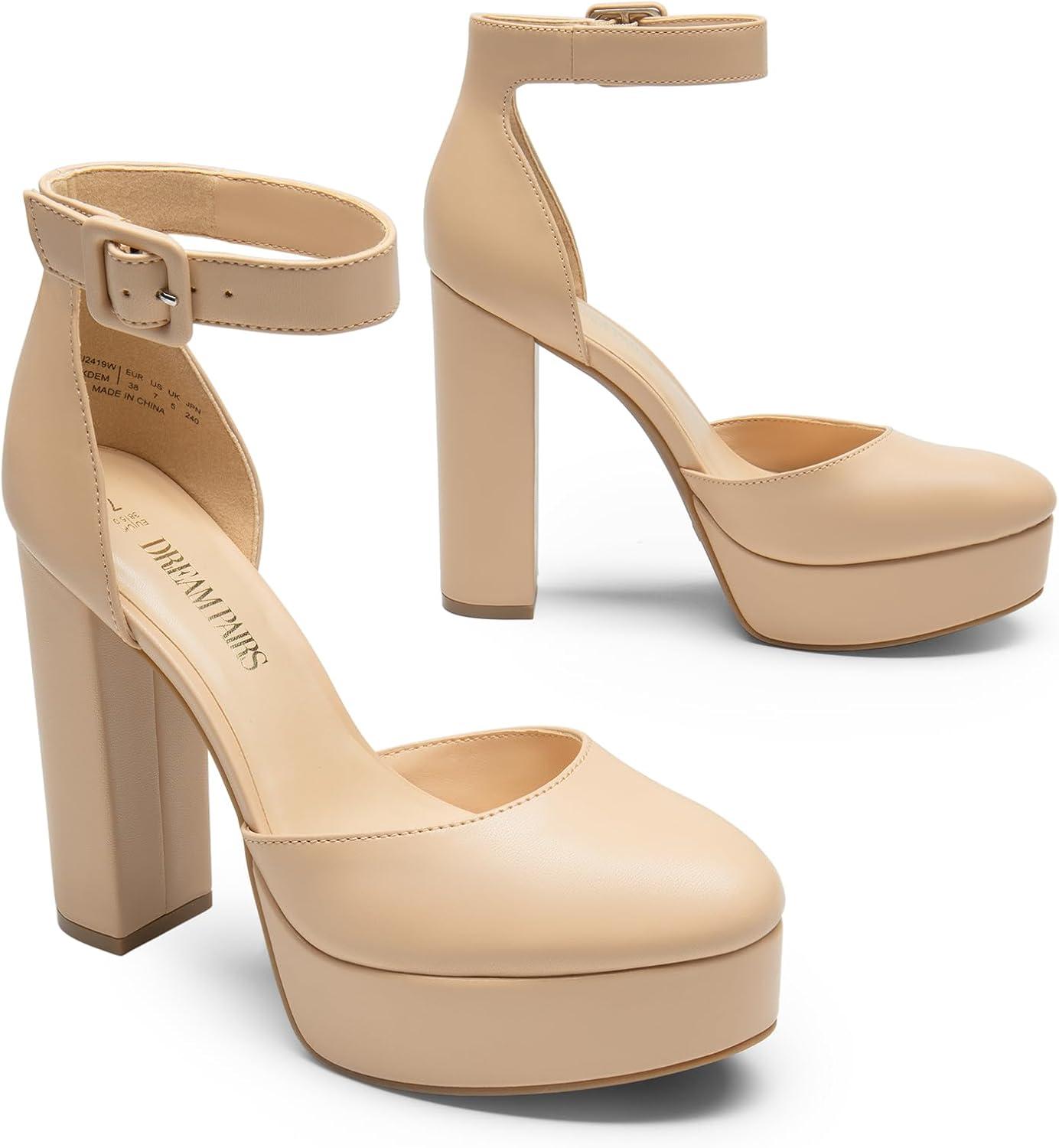 imageDREAM PAIRS Womens Platform High Chunky Heels Closed Toe Block Ankle Strap Dress Buckle Round Toe Wedding Party Comfortable Pumps ShoesNudepu