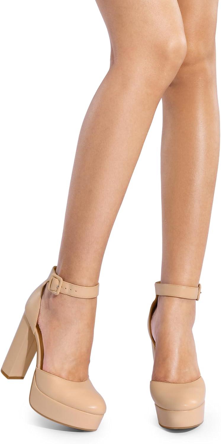 imageDREAM PAIRS Womens Platform High Chunky Heels Closed Toe Block Ankle Strap Dress Buckle Round Toe Wedding Party Comfortable Pumps ShoesNudepu
