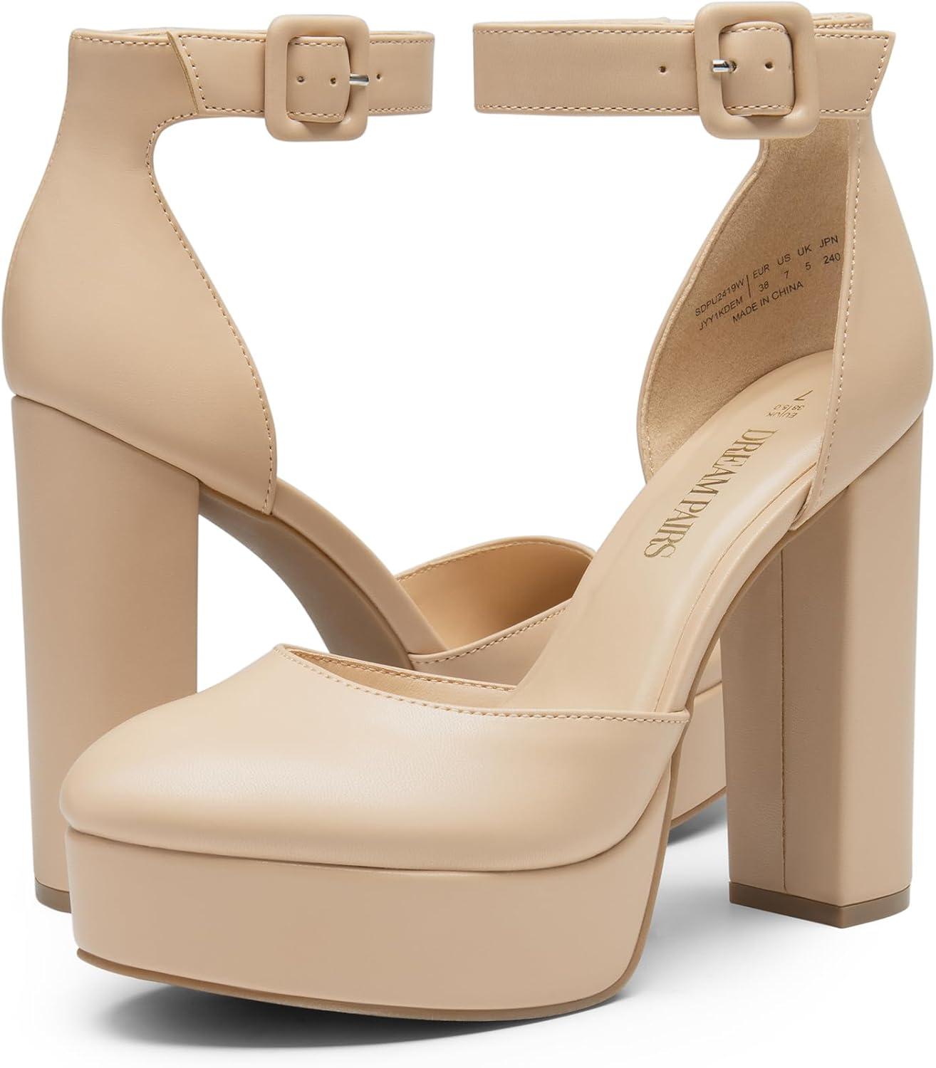 imageDREAM PAIRS Womens Platform High Chunky Heels Closed Toe Block Ankle Strap Dress Buckle Round Toe Wedding Party Comfortable Pumps ShoesNudepu