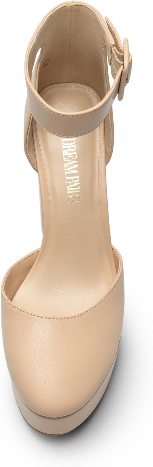 imageDREAM PAIRS Womens Platform High Chunky Heels Closed Toe Block Ankle Strap Dress Buckle Round Toe Wedding Party Comfortable Pumps ShoesNudepu