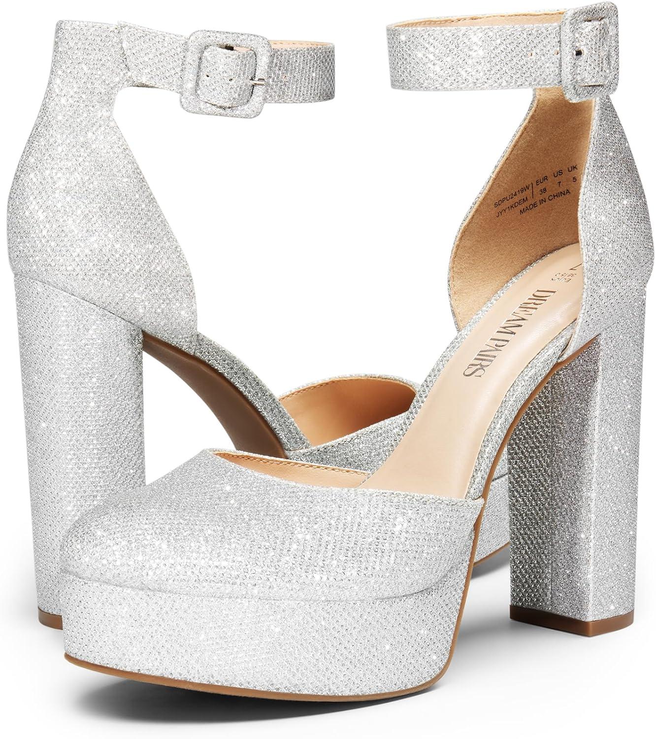 imageDREAM PAIRS Womens Platform High Chunky Heels Closed Toe Block Ankle Strap Dress Buckle Round Toe Wedding Party Comfortable Pumps ShoesSilverglitter