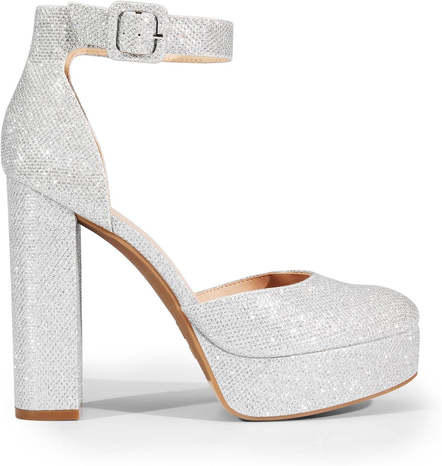 imageDREAM PAIRS Womens Platform High Chunky Heels Closed Toe Block Ankle Strap Dress Buckle Round Toe Wedding Party Comfortable Pumps ShoesSilverglitter