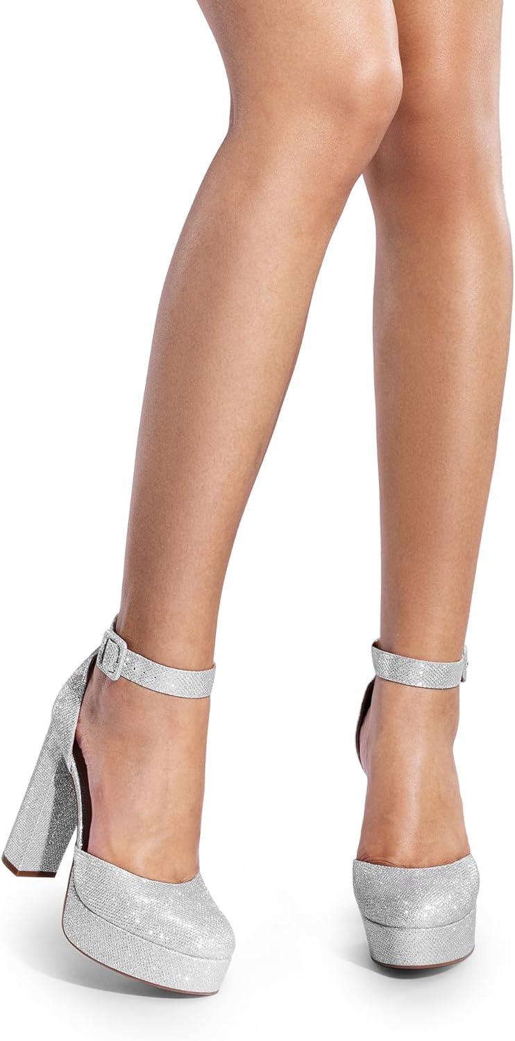 imageDREAM PAIRS Womens Platform High Chunky Heels Closed Toe Block Ankle Strap Dress Buckle Round Toe Wedding Party Comfortable Pumps ShoesSilverglitter