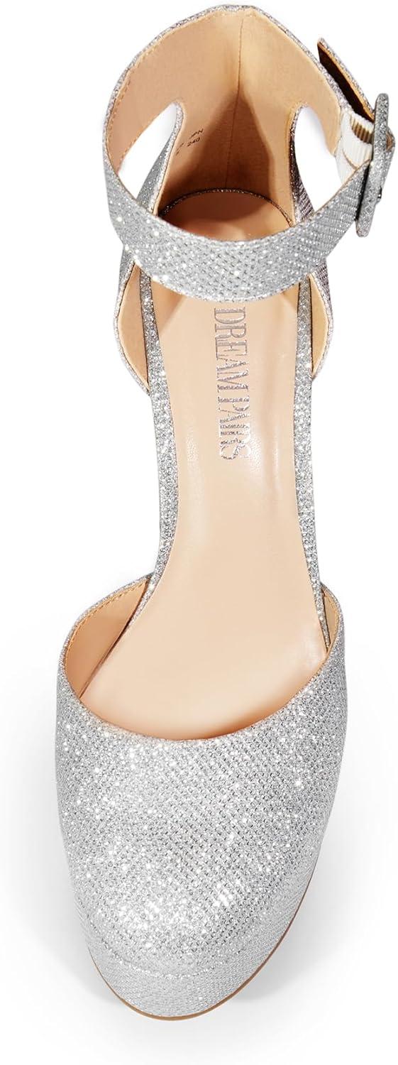 imageDREAM PAIRS Womens Platform High Chunky Heels Closed Toe Block Ankle Strap Dress Buckle Round Toe Wedding Party Comfortable Pumps ShoesSilverglitter