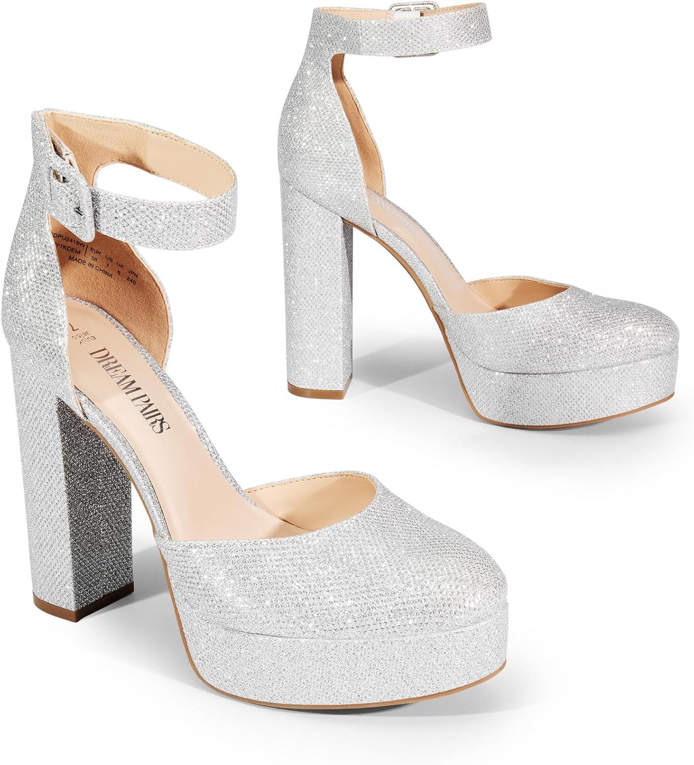 imageDREAM PAIRS Womens Platform High Chunky Heels Closed Toe Block Ankle Strap Dress Buckle Round Toe Wedding Party Comfortable Pumps ShoesSilverglitter