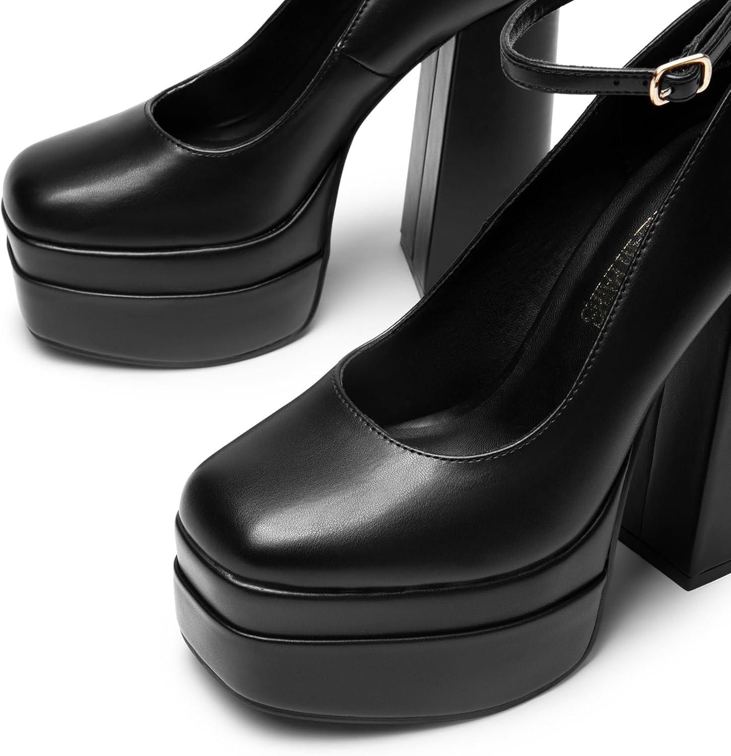 imageDREAM PAIRS Womens Platform High Heels Closed Toe Chunky Block Pumps Square Toe Ankle Strap Dress Fashion Party Y2K ShoesBlackpu