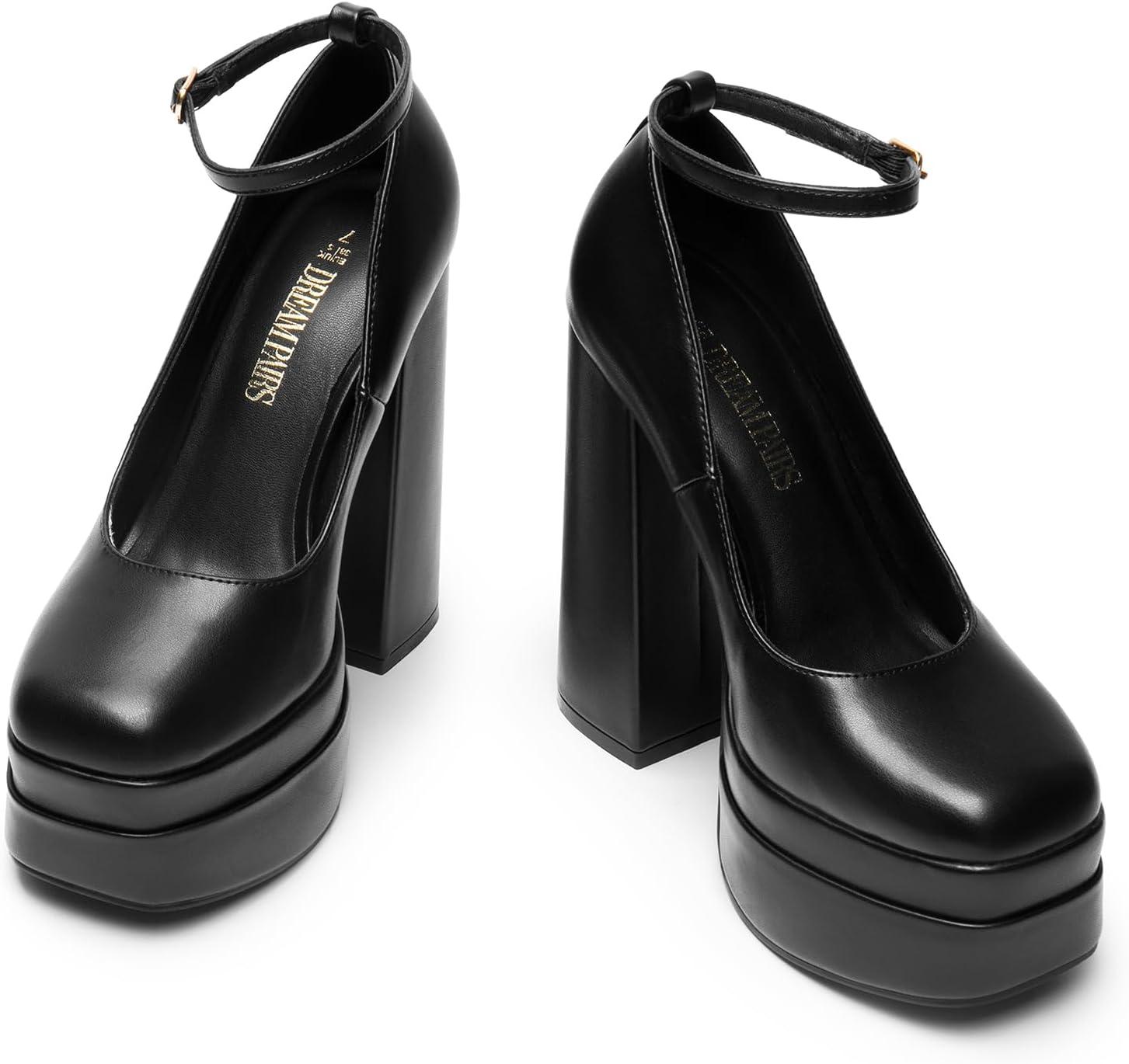 imageDREAM PAIRS Womens Platform High Heels Closed Toe Chunky Block Pumps Square Toe Ankle Strap Dress Fashion Party Y2K ShoesBlackpu