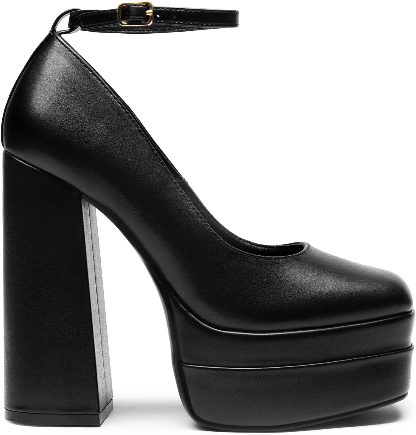 imageDREAM PAIRS Womens Platform High Heels Closed Toe Chunky Block Pumps Square Toe Ankle Strap Dress Fashion Party Y2K ShoesBlackpu