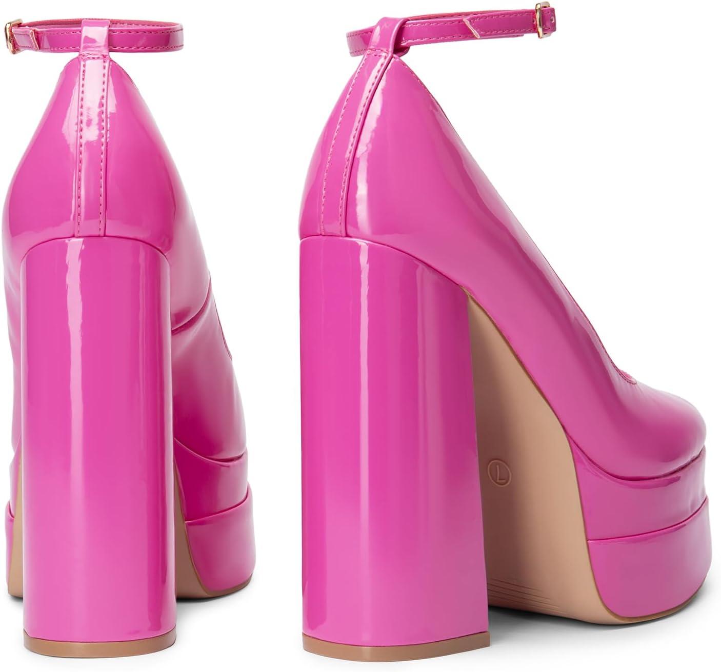 imageDREAM PAIRS Womens Platform High Heels Closed Toe Chunky Block Pumps Square Toe Ankle Strap Dress Fashion Party Y2K ShoesHot Pinkpat