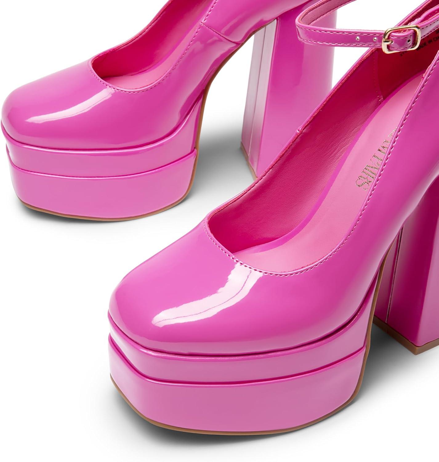 imageDREAM PAIRS Womens Platform High Heels Closed Toe Chunky Block Pumps Square Toe Ankle Strap Dress Fashion Party Y2K ShoesHot Pinkpat