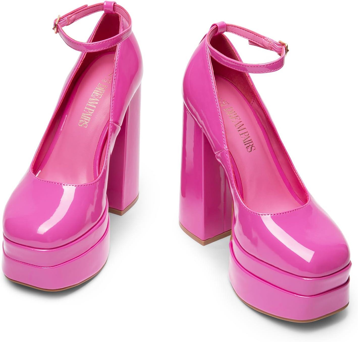 imageDREAM PAIRS Womens Platform High Heels Closed Toe Chunky Block Pumps Square Toe Ankle Strap Dress Fashion Party Y2K ShoesHot Pinkpat