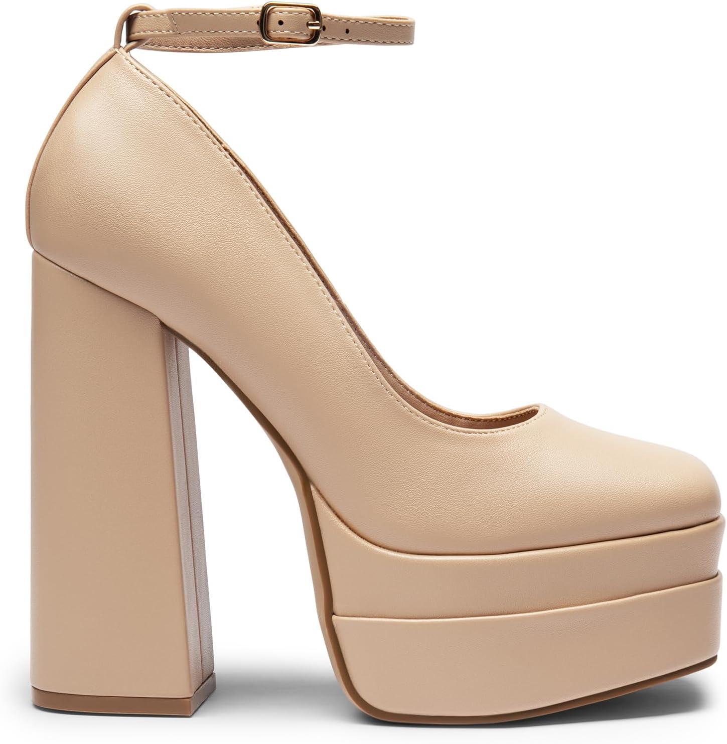 imageDREAM PAIRS Womens Platform High Heels Closed Toe Chunky Block Pumps Square Toe Ankle Strap Dress Fashion Party Y2K ShoesNudepu